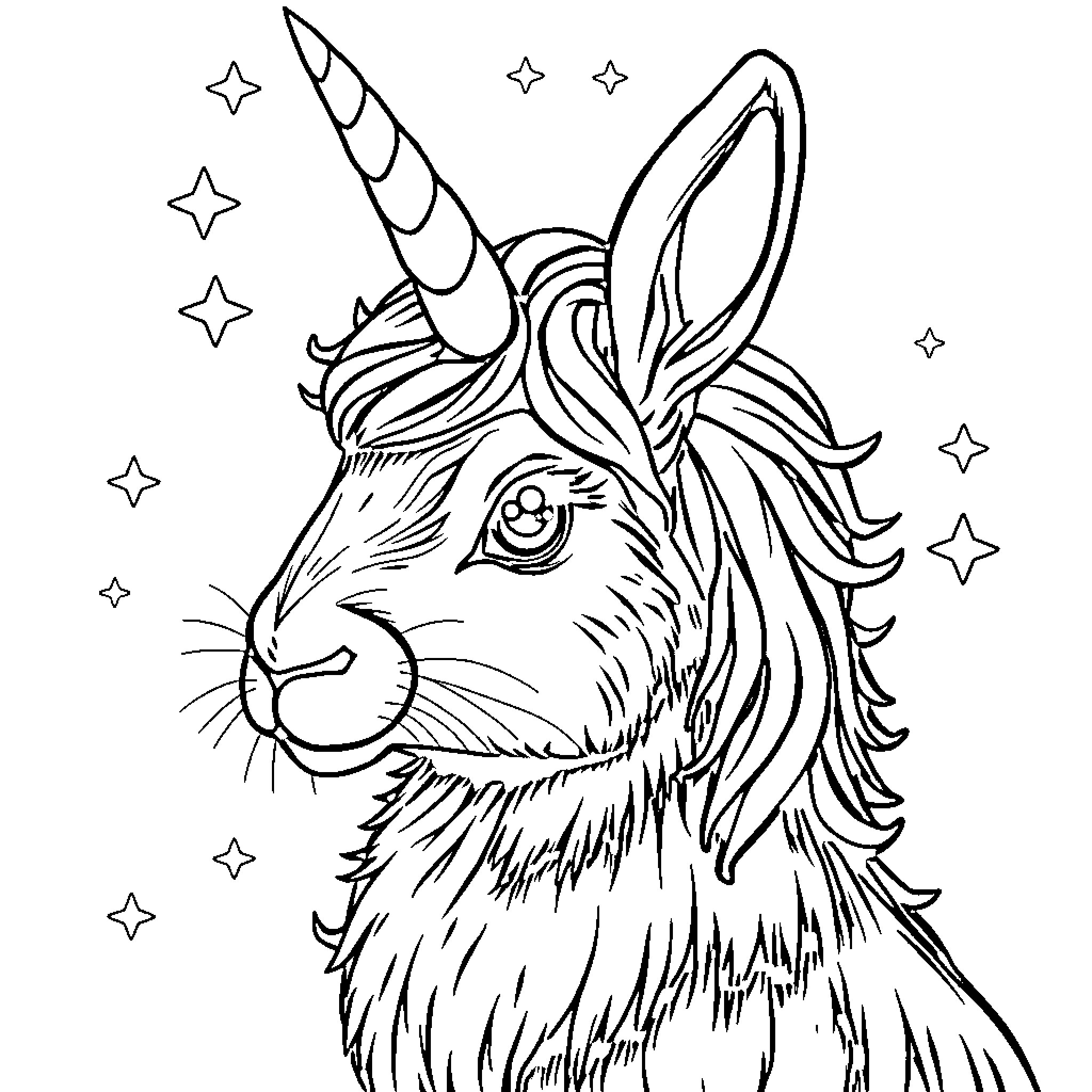 Unicorn Rabbit gazing up at the stars Coloring Page (free black-and-white line drawing printable PDF for all, from beginners to advanced learners, including children, teens, adults, and seniors)