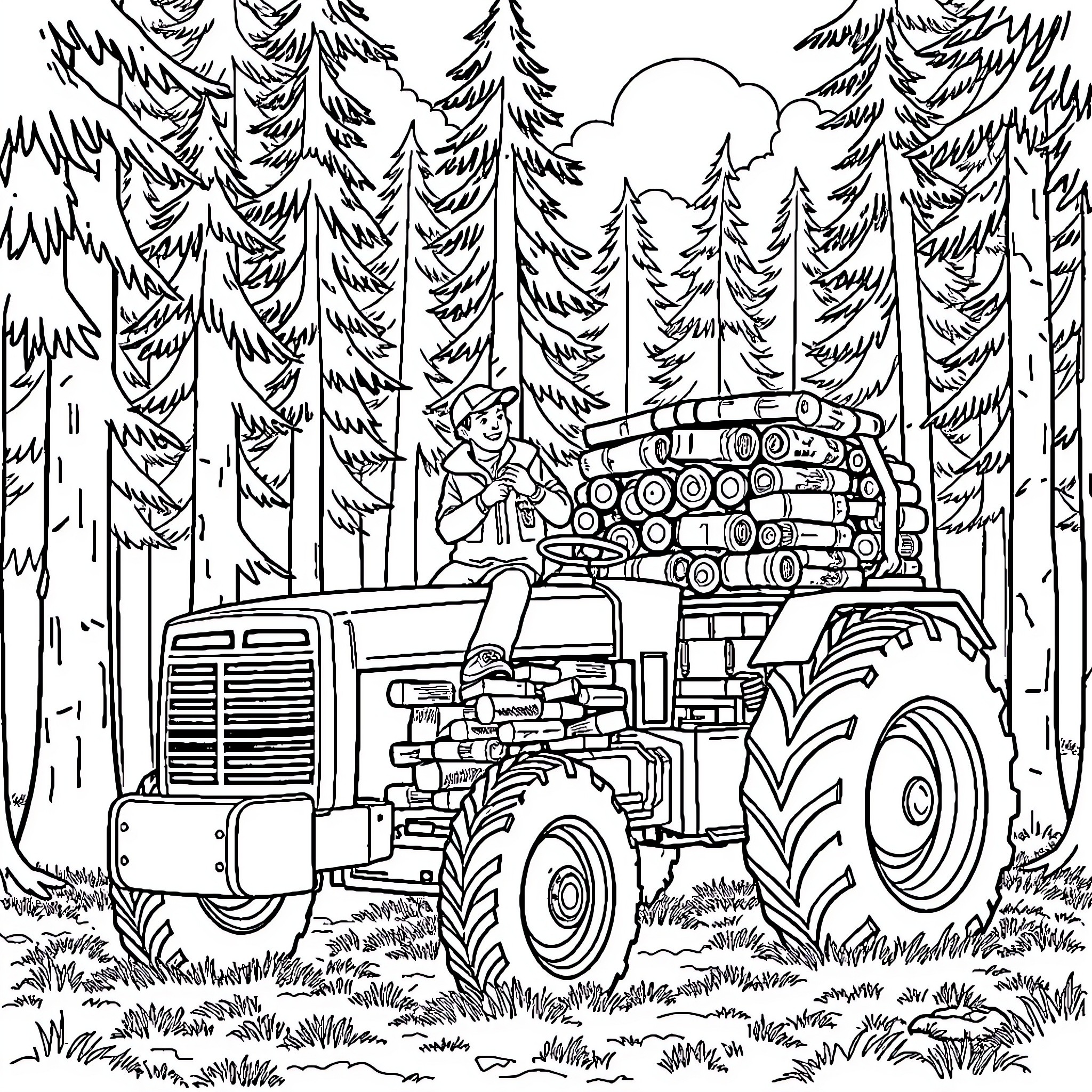 Tractor hauling logs in forest Coloring Page (free black-and-white line drawing printable PDF for all, from beginners to advanced learners, including children, teens, adults, and seniors)