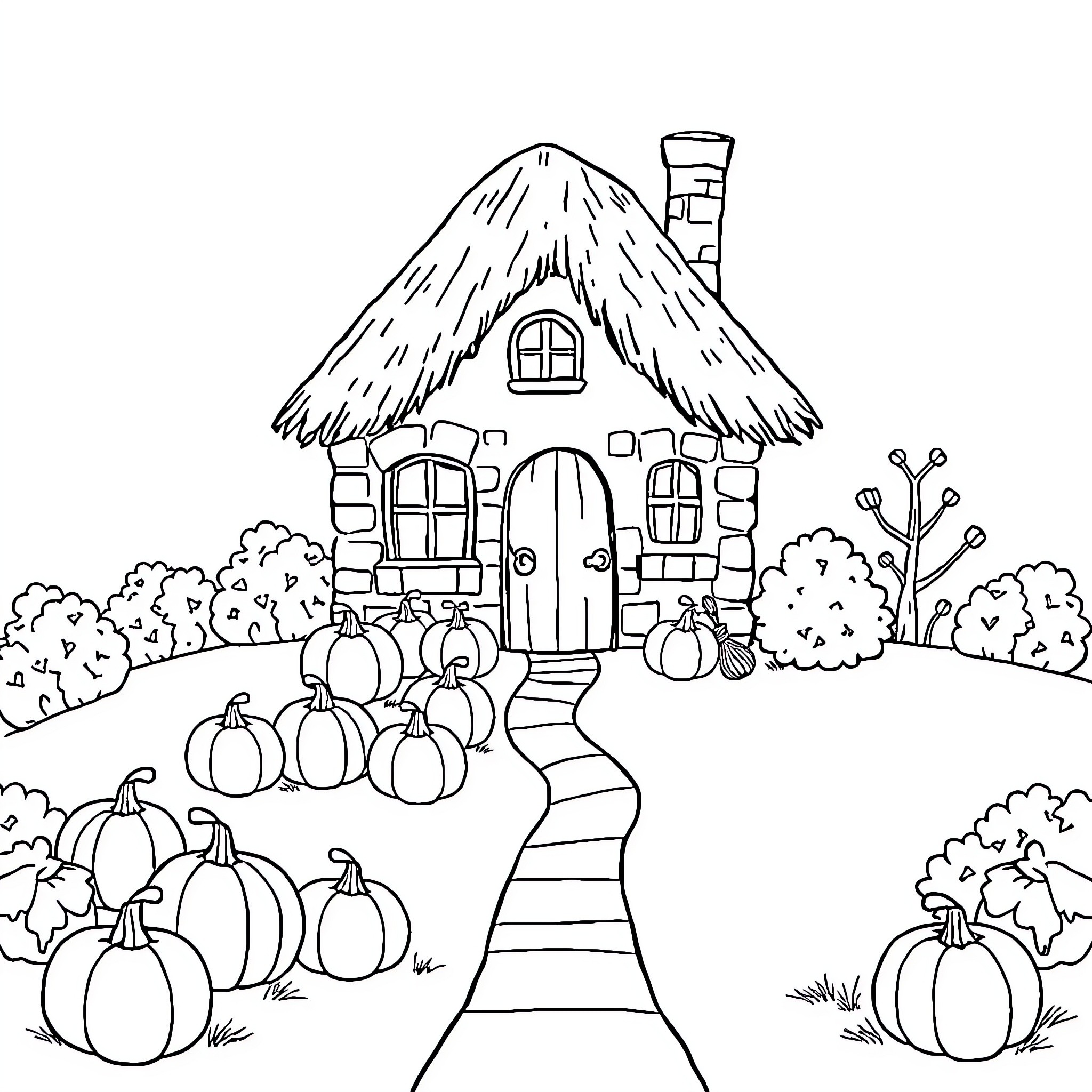House with Pumpkins in the Countryside Coloring Page (free black-and-white line drawing printable PDF for all, from beginners to advanced learners, including children, teens, adults, and seniors)