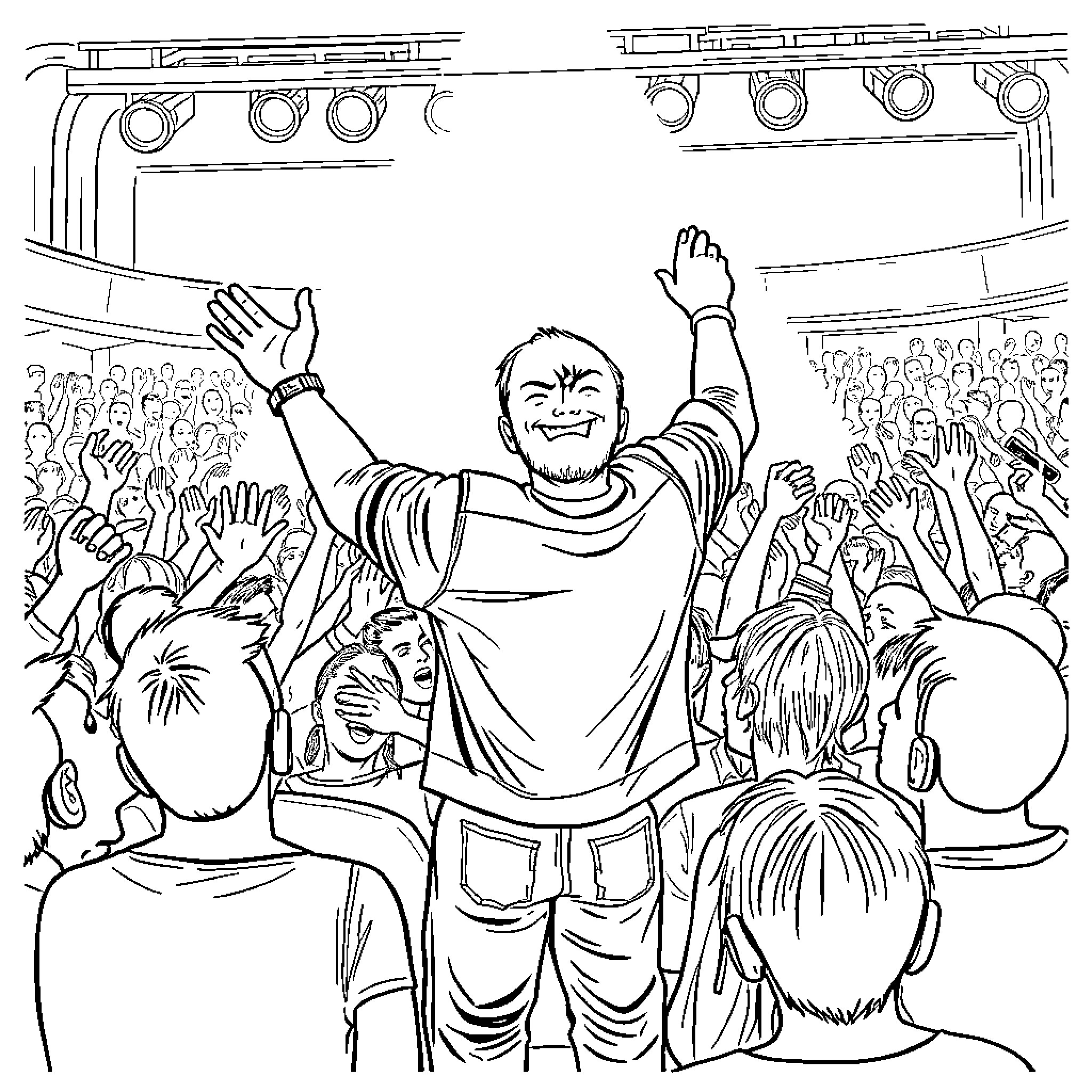Hamilton's energetic performance on stage with the crowd Coloring Page (free black-and-white line drawing printable PDF for all, from beginners to advanced learners, including children, teens, adults, and seniors)