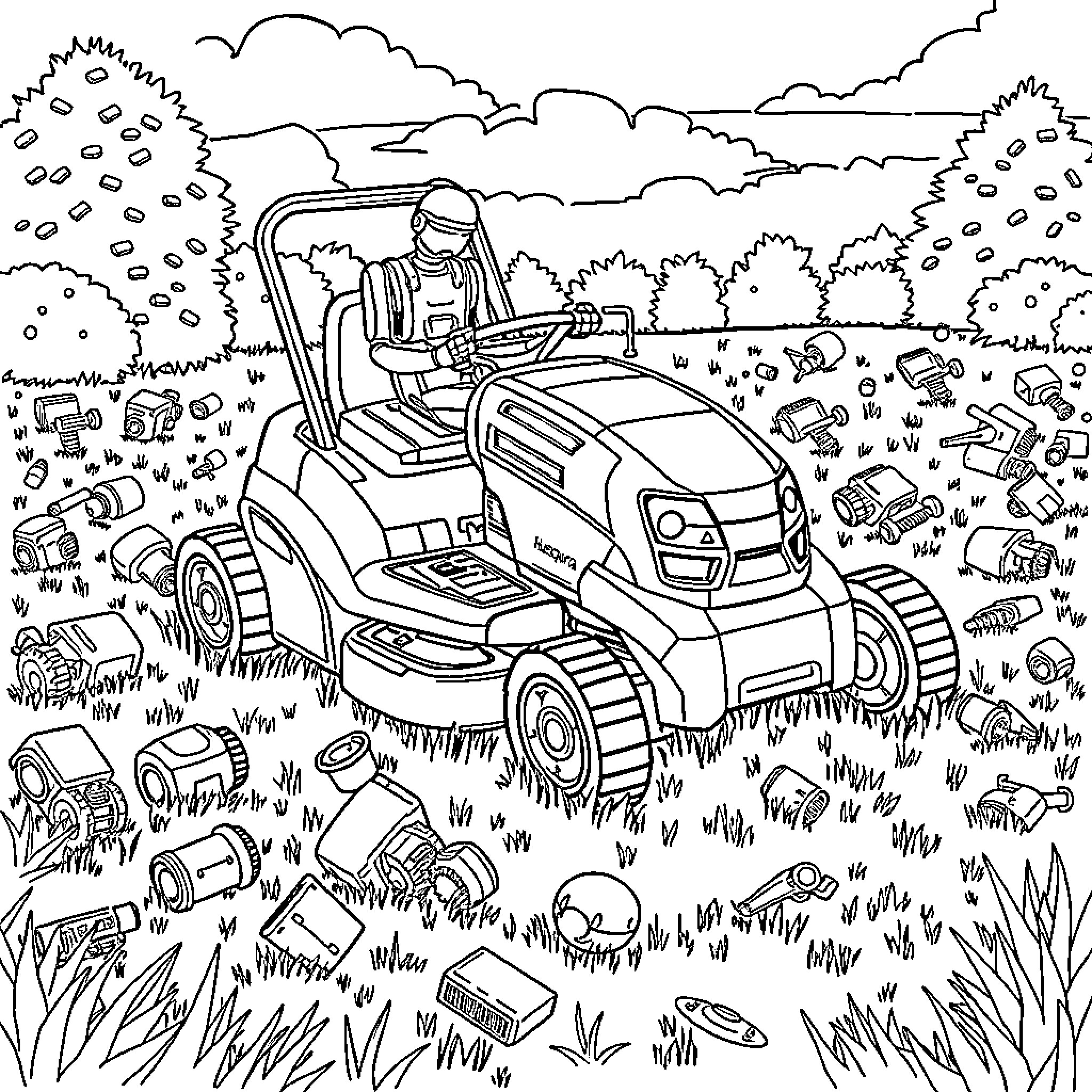 Lawn Robot Mowing the Grass in a Scenic Outdoor Setting Coloring Page (free black-and-white line drawing printable PDF for all, from beginners to advanced learners, including children, teens, adults, and seniors)