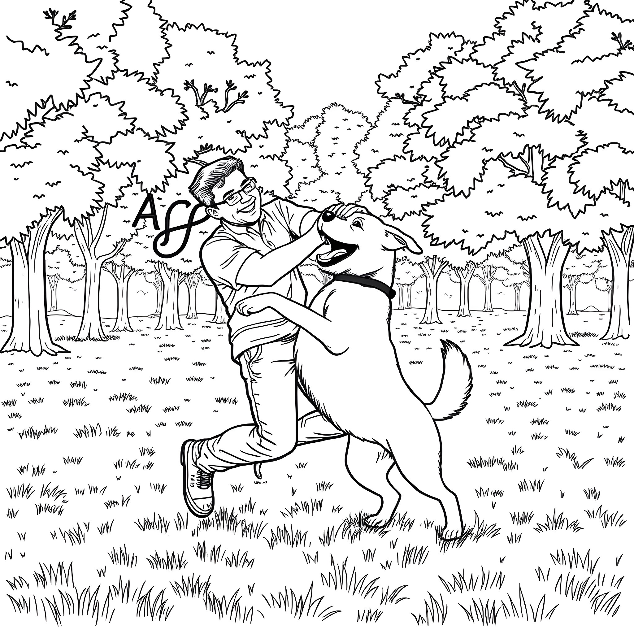 Man enjoying playful moment with loyal companion in forest Coloring Page (free black-and-white line drawing printable PDF for all, from beginners to advanced learners, including children, teens, adults, and seniors)