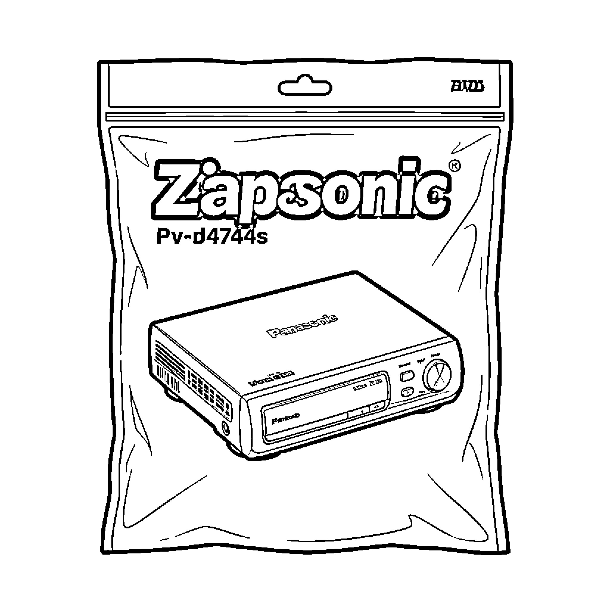 VHS DVD Player inside a plastic packaging bag Coloring Page (free black-and-white line drawing printable PDF for all, from beginners to advanced learners, including children, teens, adults, and seniors)