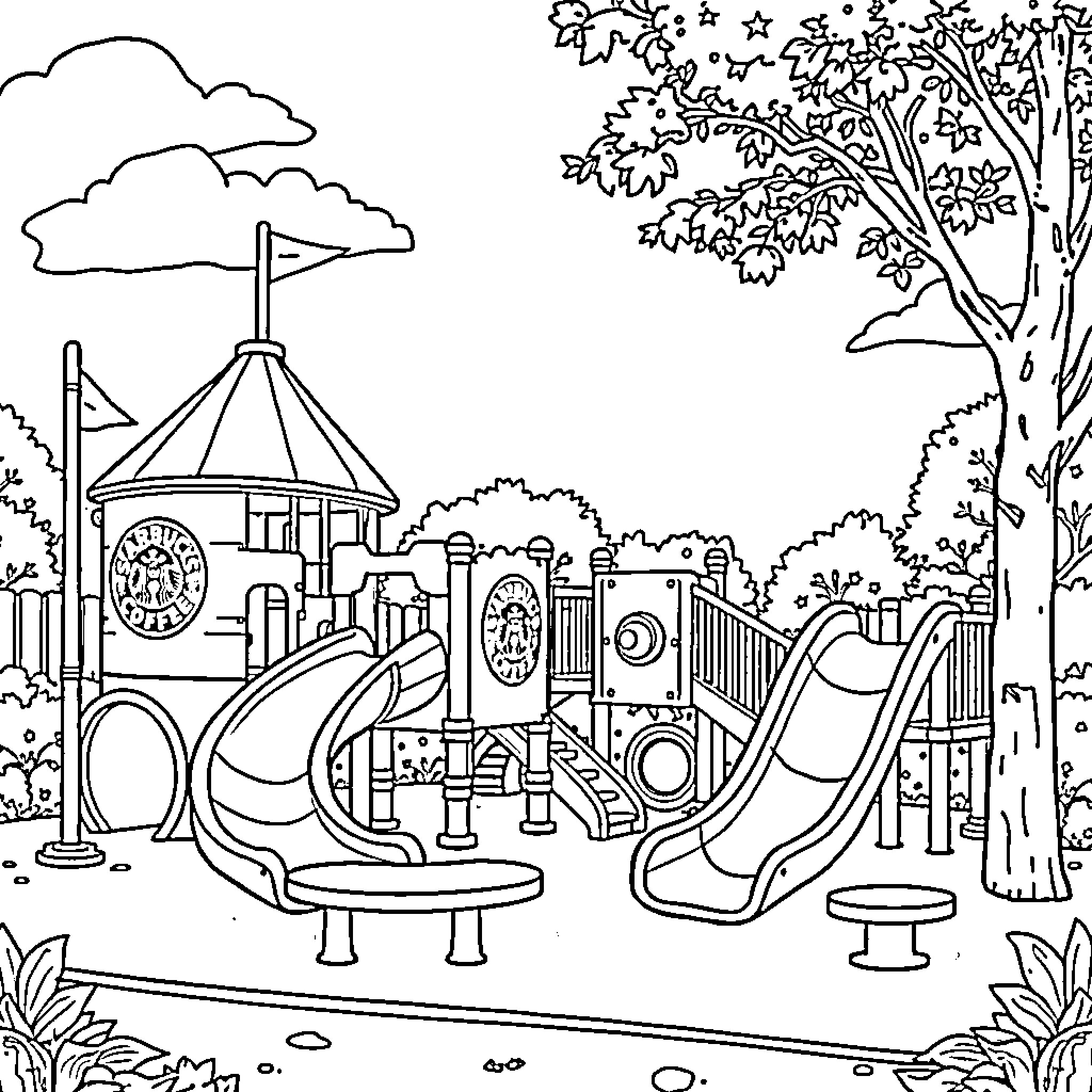 Playground with Colorful Play Structure and Nature Coloring Page (free black-and-white line drawing printable PDF for all, from beginners to advanced learners, including children, teens, adults, and seniors)