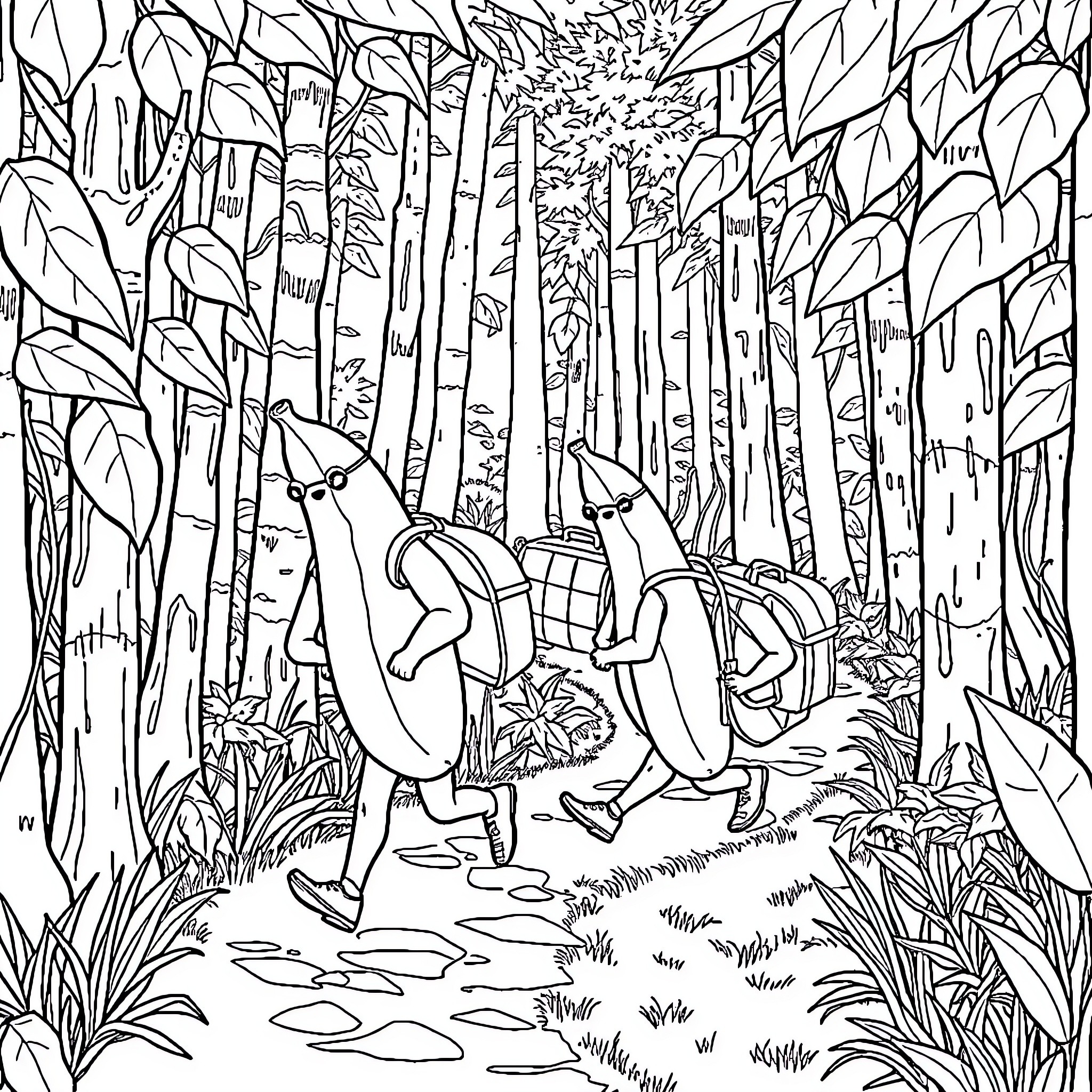 Banana friends hiking through the lush forest Coloring Page (free black-and-white line drawing printable PDF for all, from beginners to advanced learners, including children, teens, adults, and seniors)