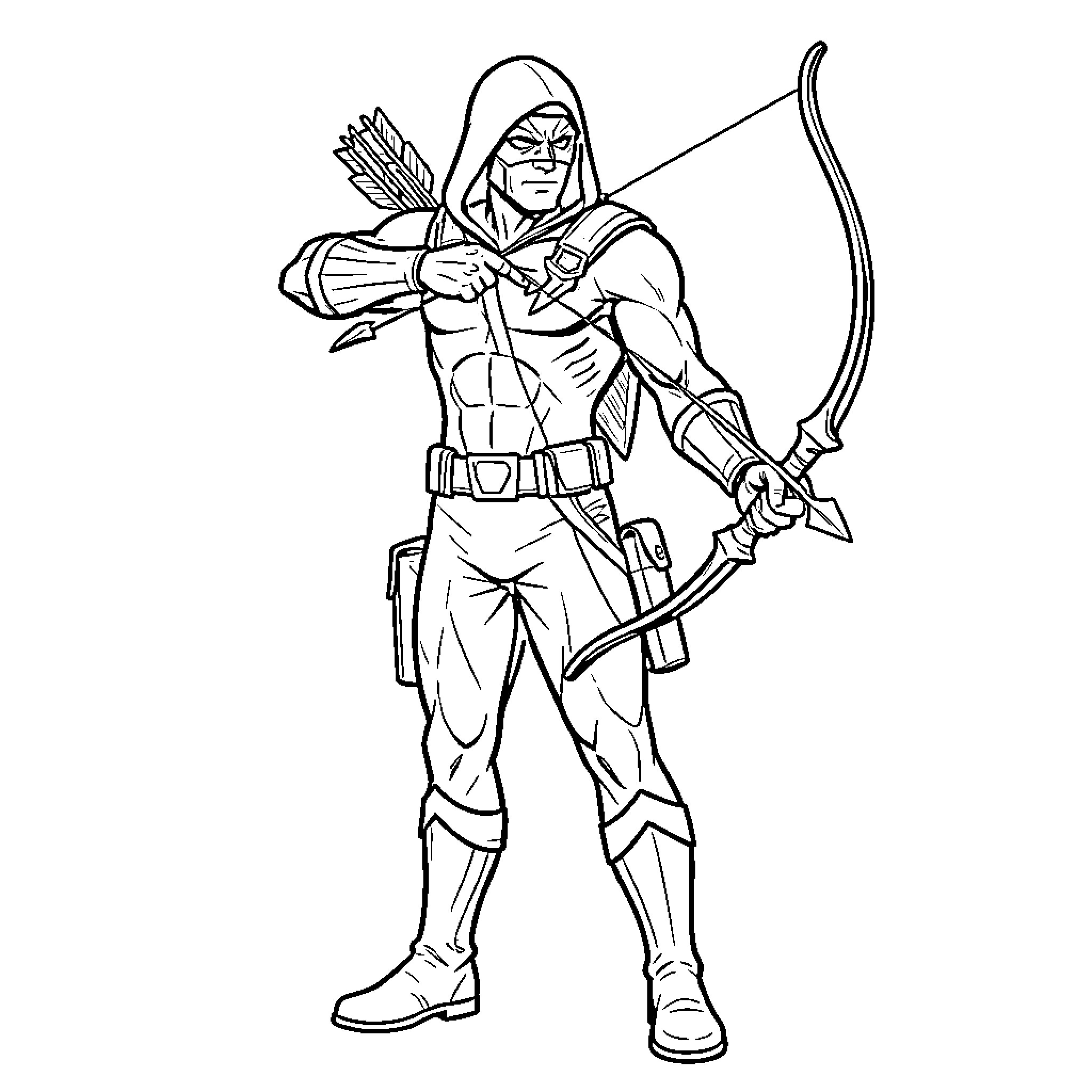 Green Arrow aiming a bow with intense focus Coloring Page (free black-and-white line drawing printable PDF for all, from beginners to advanced learners, including children, teens, adults, and seniors)