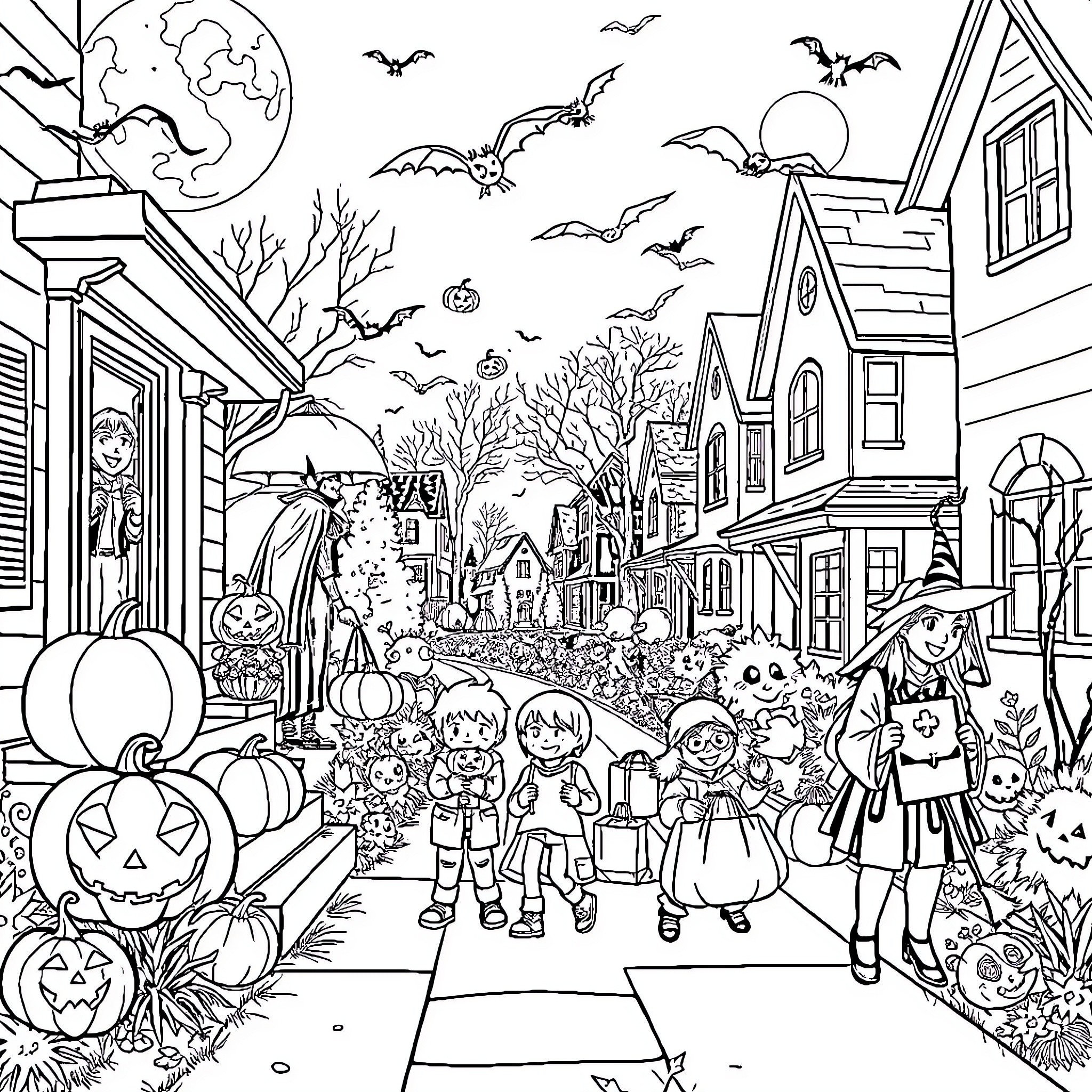 Halloween festivities in a spooky neighborhood Coloring Page (free black-and-white line drawing printable PDF for all, from beginners to advanced learners, including children, teens, adults, and seniors)