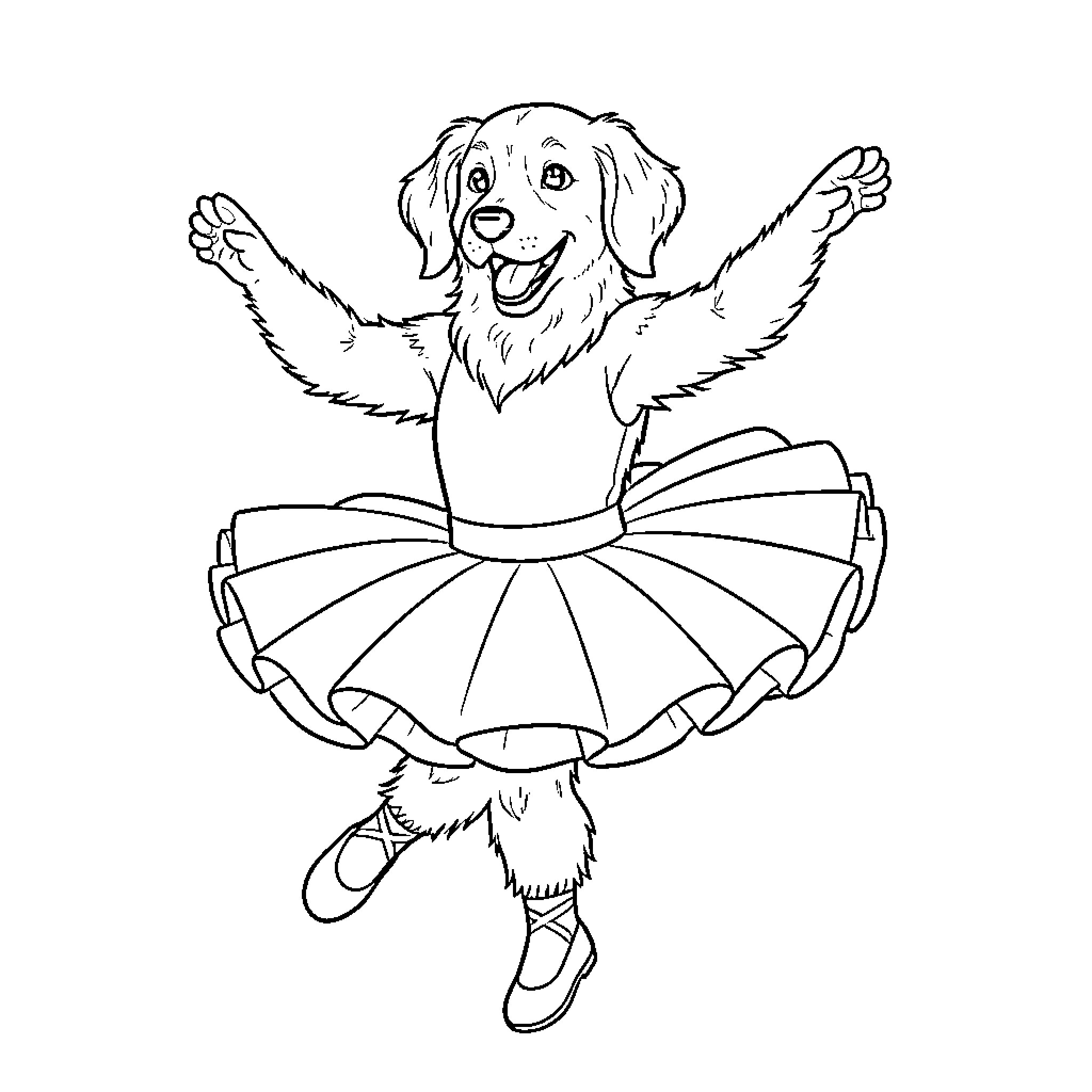 Setter dancing joyfully in a ballet tutu Coloring Page (free black-and-white line drawing printable PDF for all, from beginners to advanced learners, including children, teens, adults, and seniors)