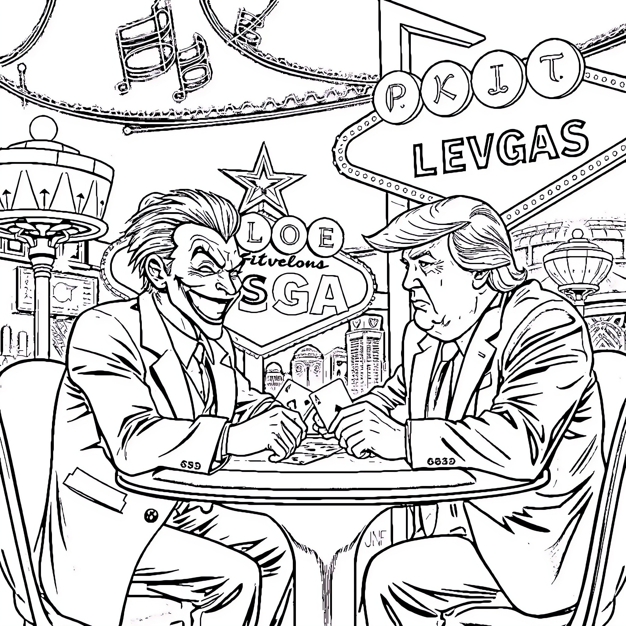 Joker Discussing Deal in Las Vegas Casino Coloring Page (free black-and-white line drawing printable PDF for all, from beginners to advanced learners, including children, teens, adults, and seniors)