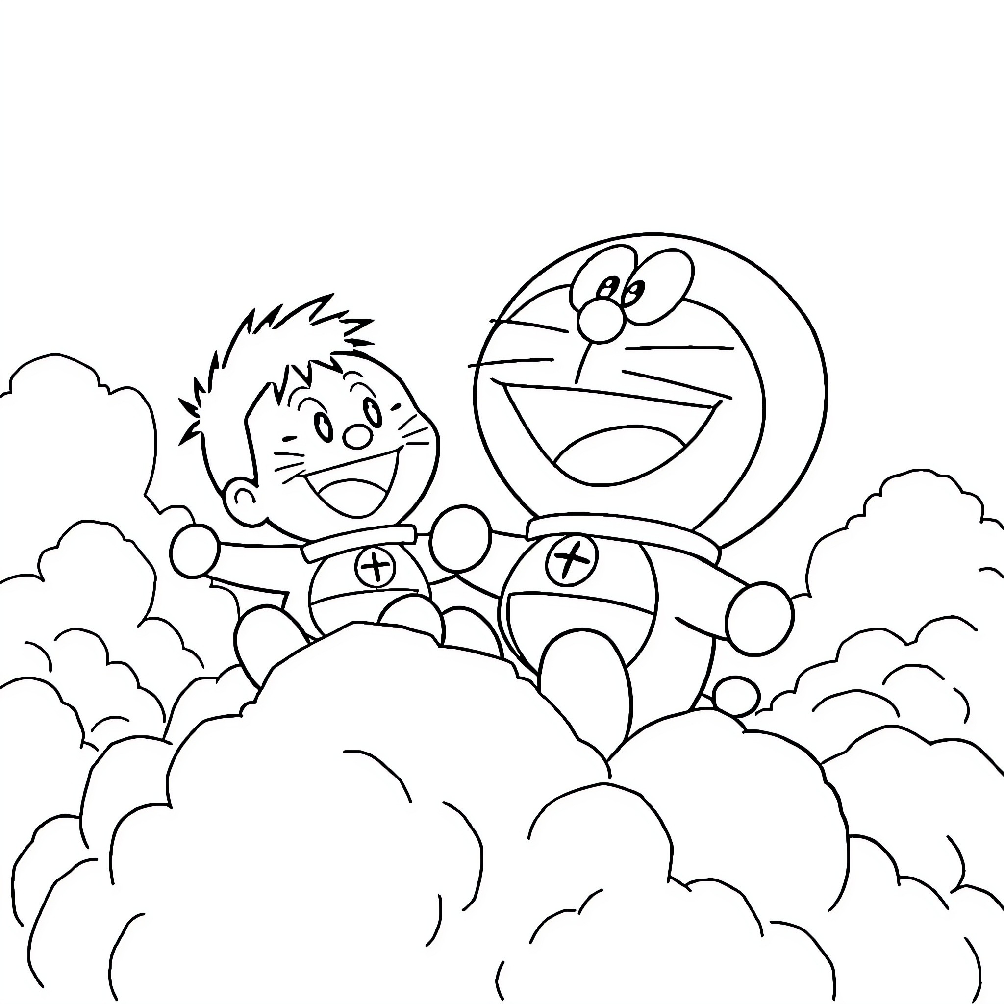 Doraemon and boy soaring through the clouds Coloring Page (free black-and-white line drawing printable PDF for all, from beginners to advanced learners, including children, teens, adults, and seniors)
