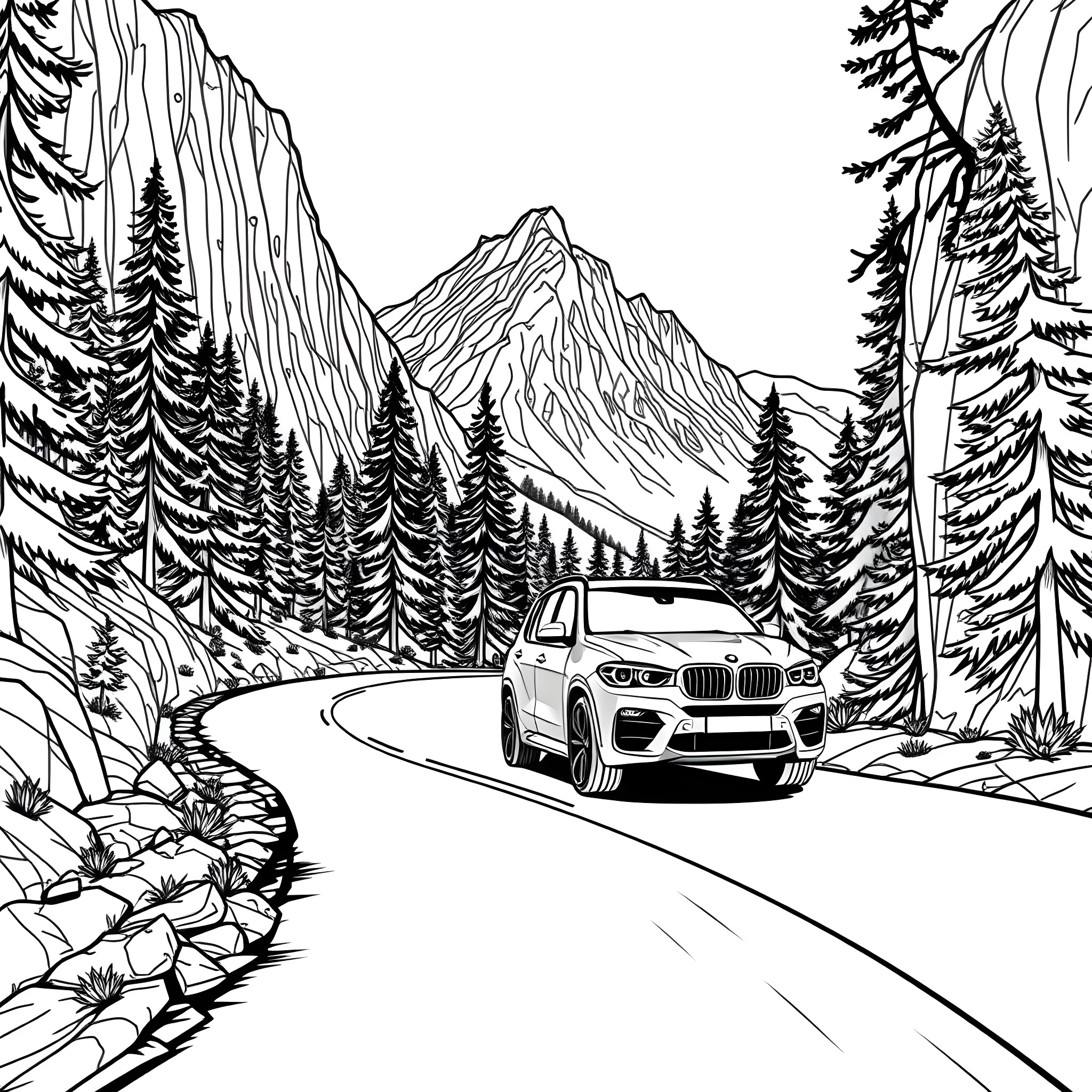 BMW X5 traversing a winding mountain road Coloring Page (free black-and-white line drawing printable PDF for all, from beginners to advanced learners, including children, teens, adults, and seniors)