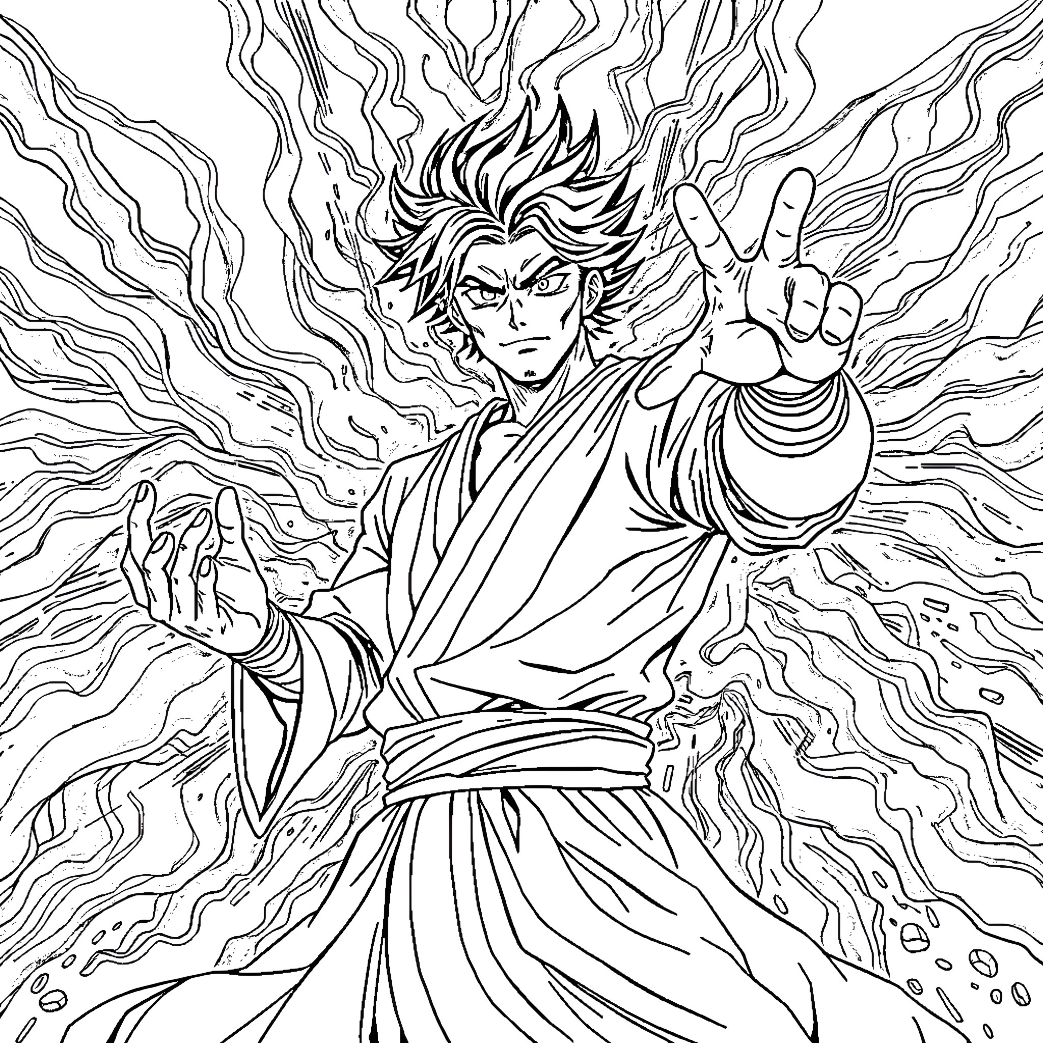 Satoru Gojo displaying his powerful cursed energy Coloring Page (free black-and-white line drawing printable PDF for all, from beginners to advanced learners, including children, teens, adults, and seniors)