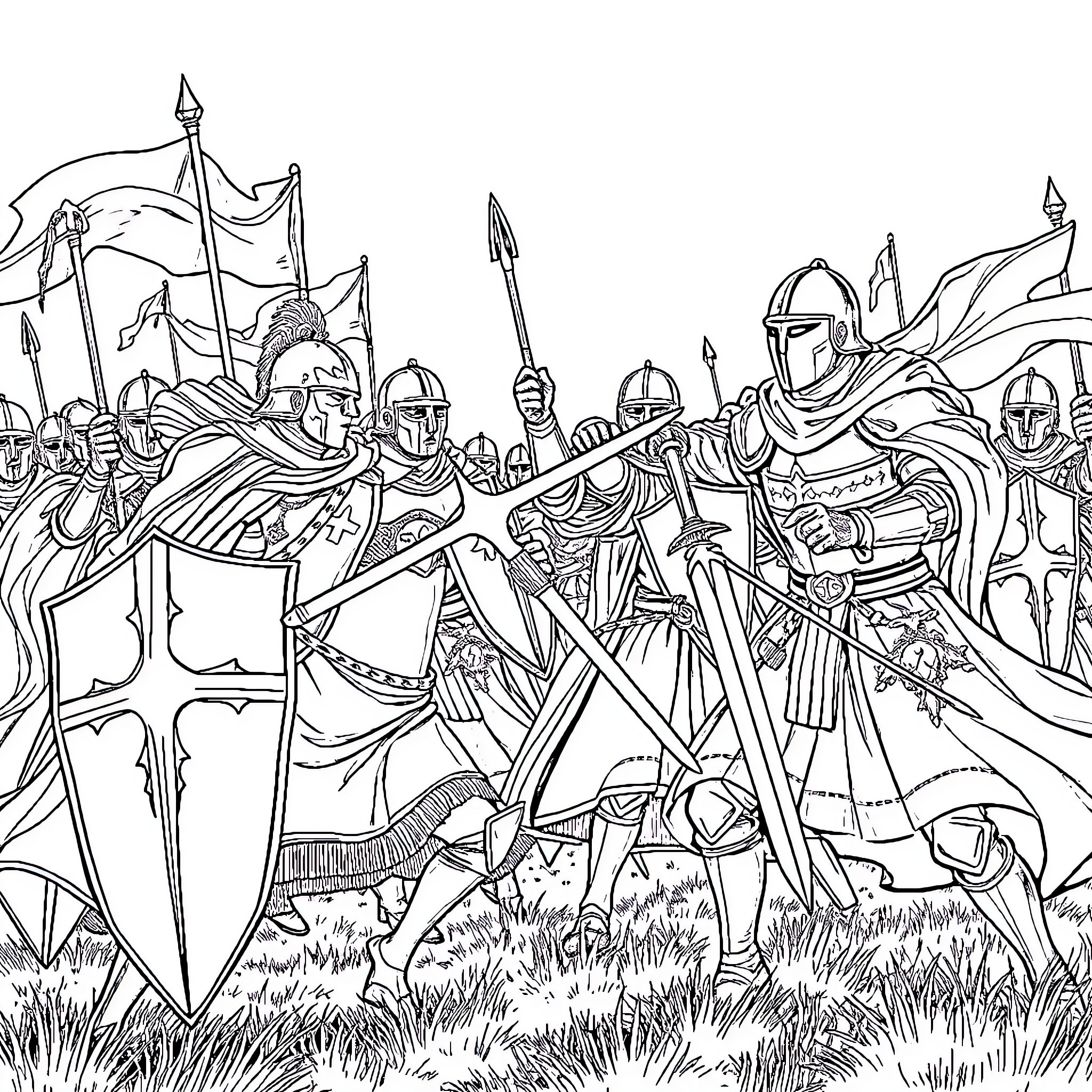 Knight's Valiant Army in Battle Formation Coloring Page (free black-and-white line drawing printable PDF for all, from beginners to advanced learners, including children, teens, adults, and seniors)