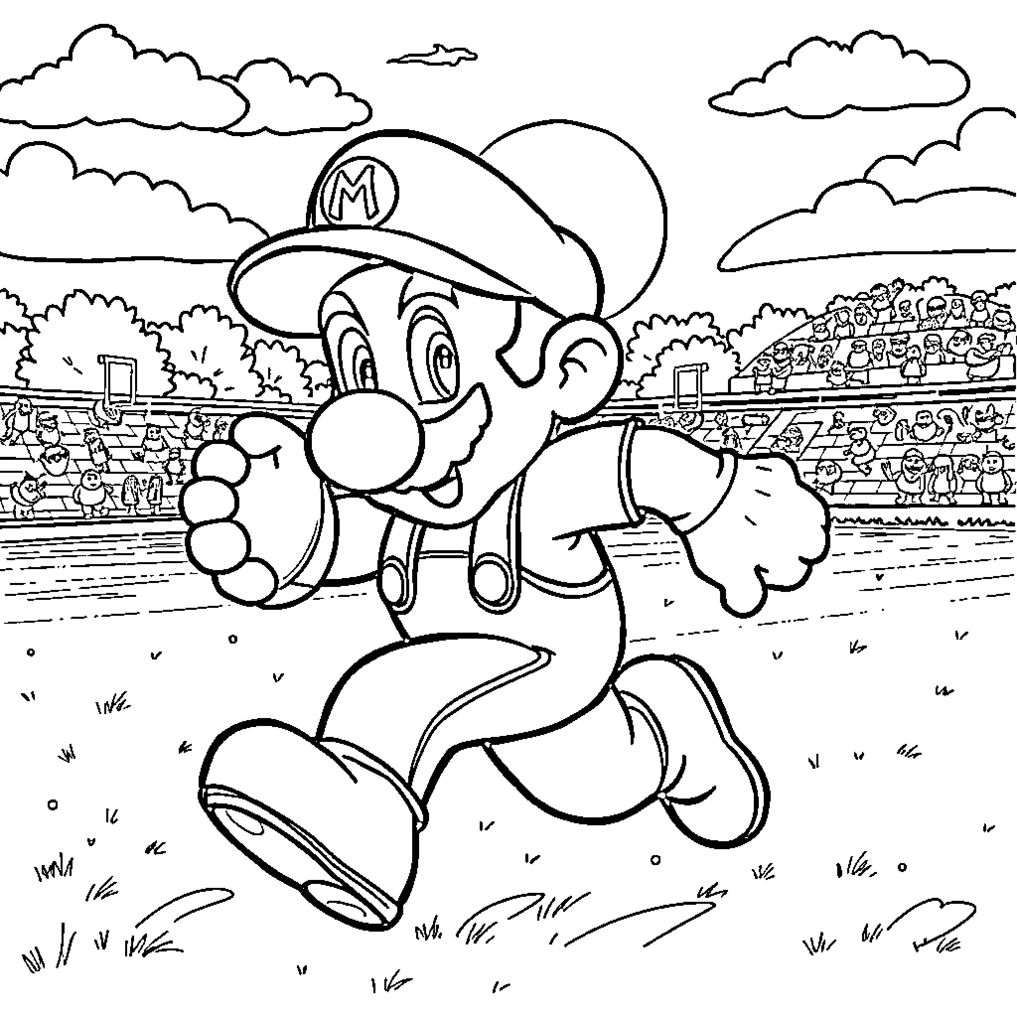 Mario Running Happily in Nature Coloring Page (free black-and-white line drawing printable PDF for all, from beginners to advanced learners, including children, teens, adults, and seniors)