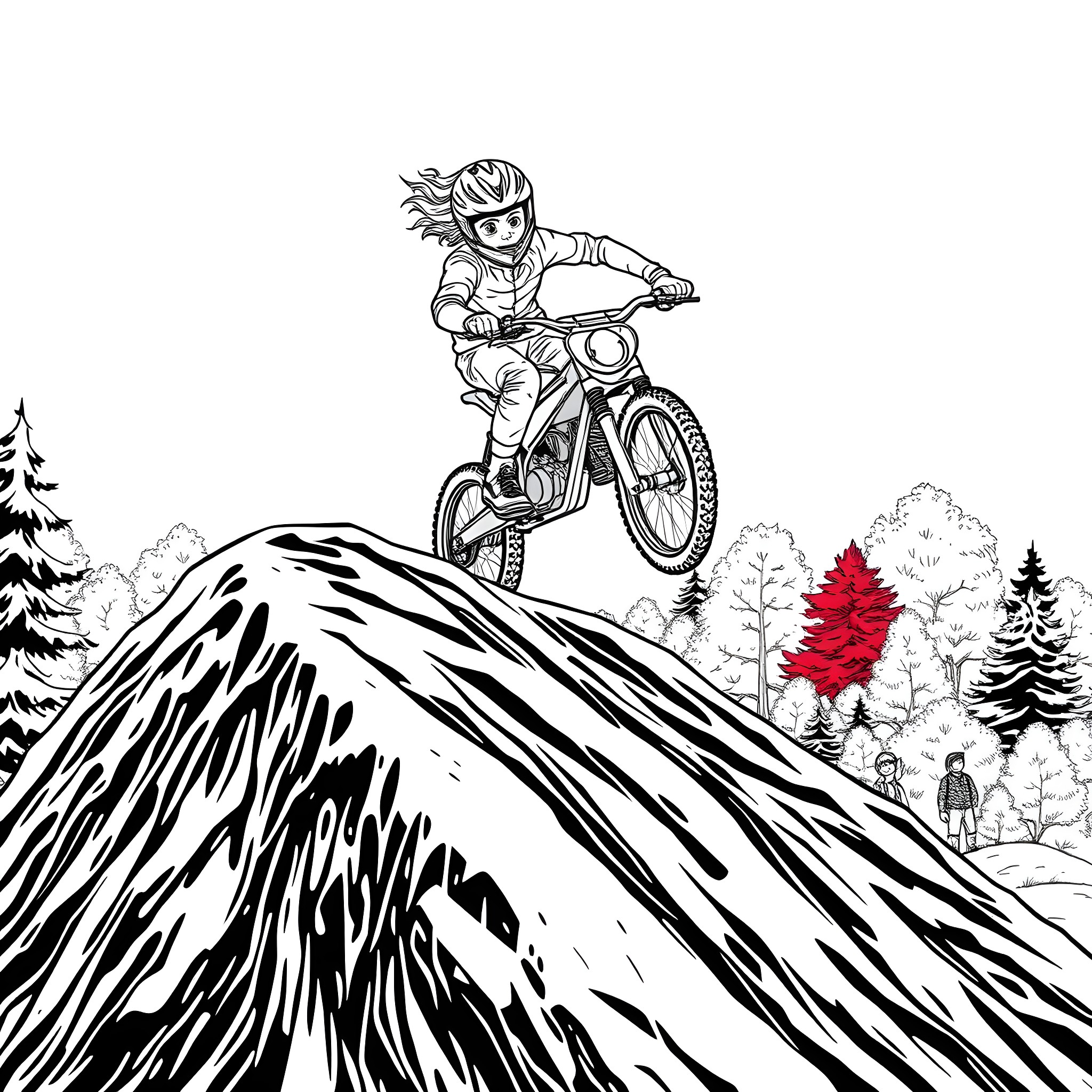 Kid exploring thrilling mountain bike trail Coloring Page (free black-and-white line drawing printable PDF for all, from beginners to advanced learners, including children, teens, adults, and seniors)