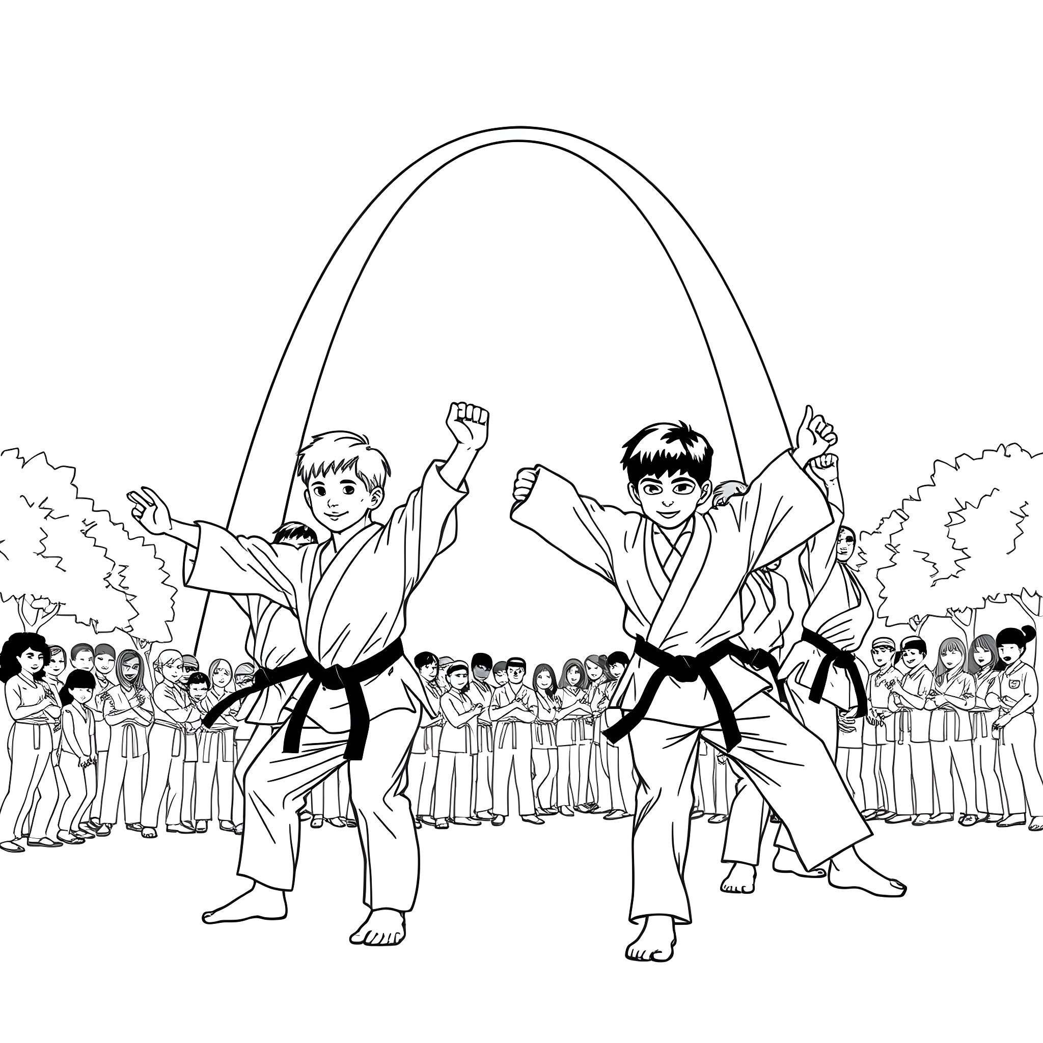 Karate Kid Training Together with Classmates Coloring Page (free black-and-white line drawing printable PDF for all, from beginners to advanced learners, including children, teens, adults, and seniors)