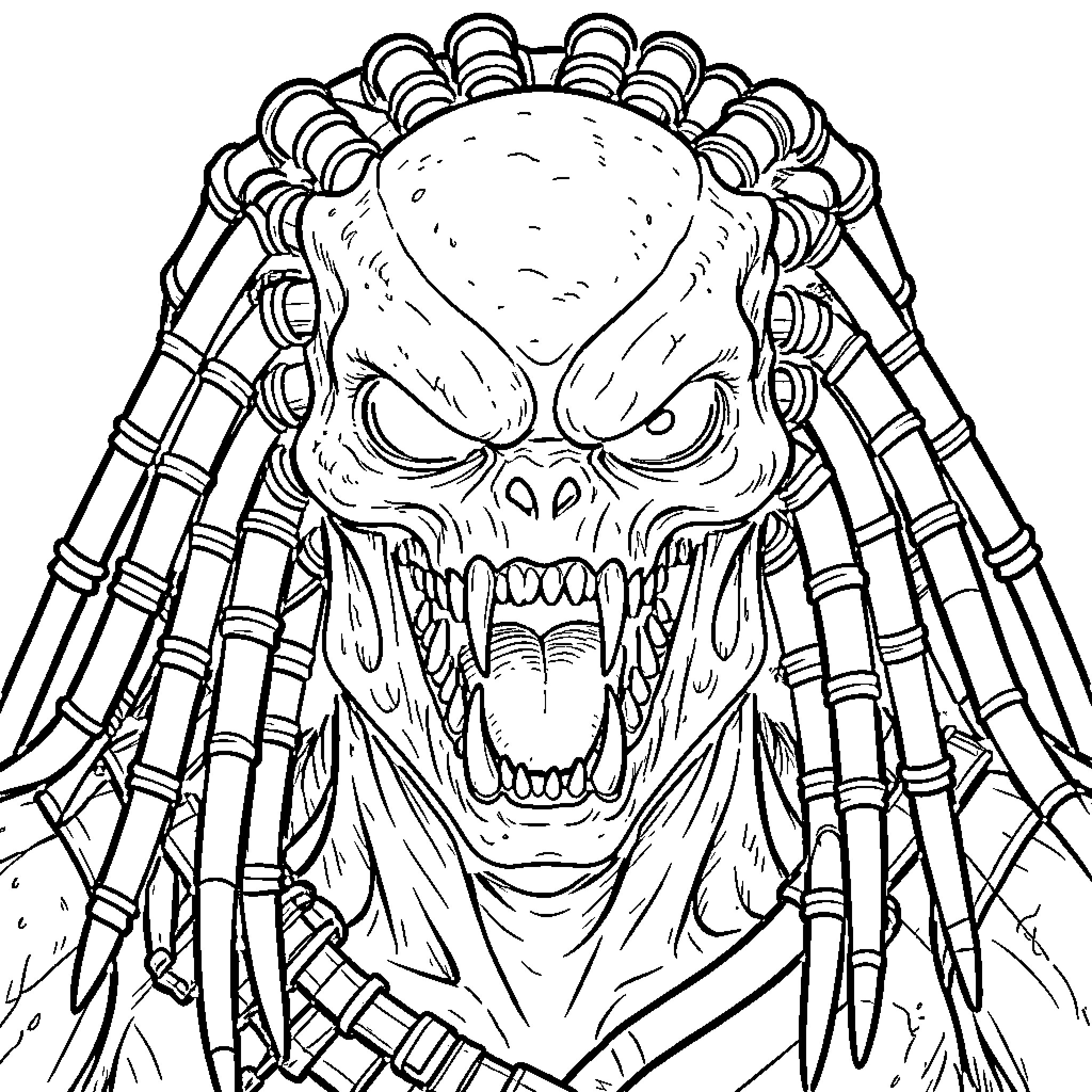 Predator showing aggressive expression with bared teeth Coloring Page (free black-and-white line drawing printable PDF for all, from beginners to advanced learners, including children, teens, adults, and seniors)