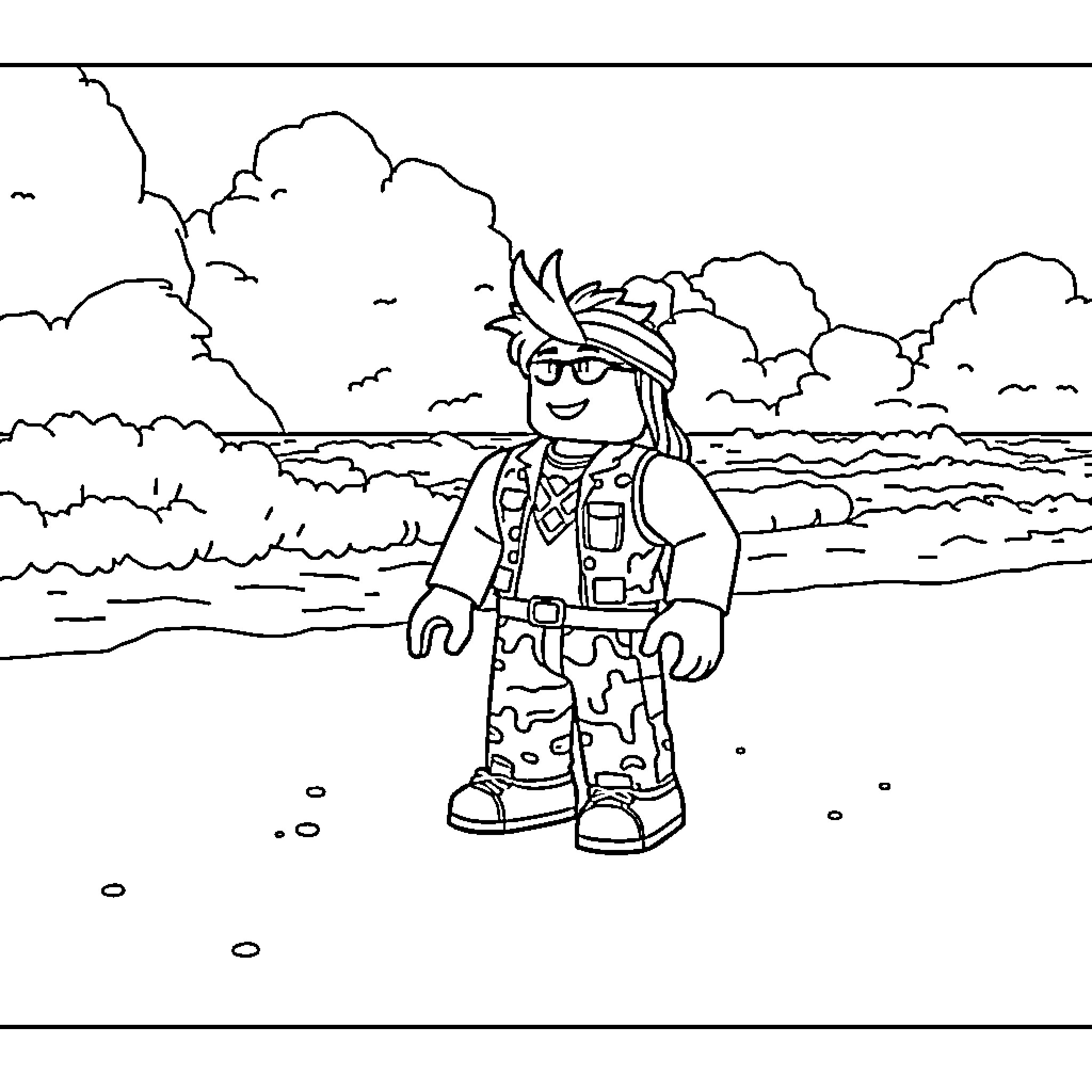 Roblox Character Exploring Scenic Outdoor Landscape Coloring Page (free black-and-white line drawing printable PDF for all, from beginners to advanced learners, including children, teens, adults, and seniors)