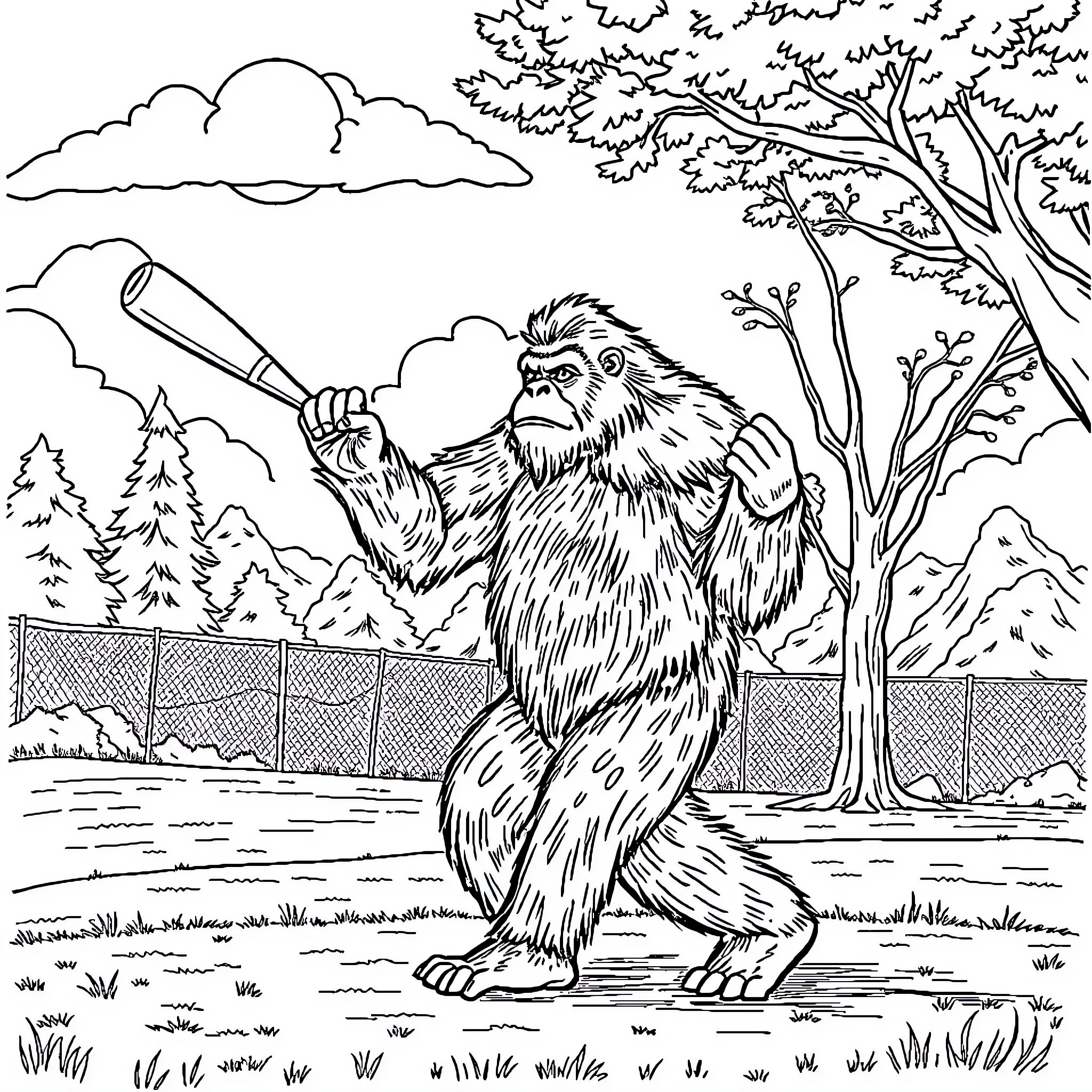 Sasquatch brandishing a weapon in a forest setting Coloring Page (free black-and-white line drawing printable PDF for all, from beginners to advanced learners, including children, teens, adults, and seniors)