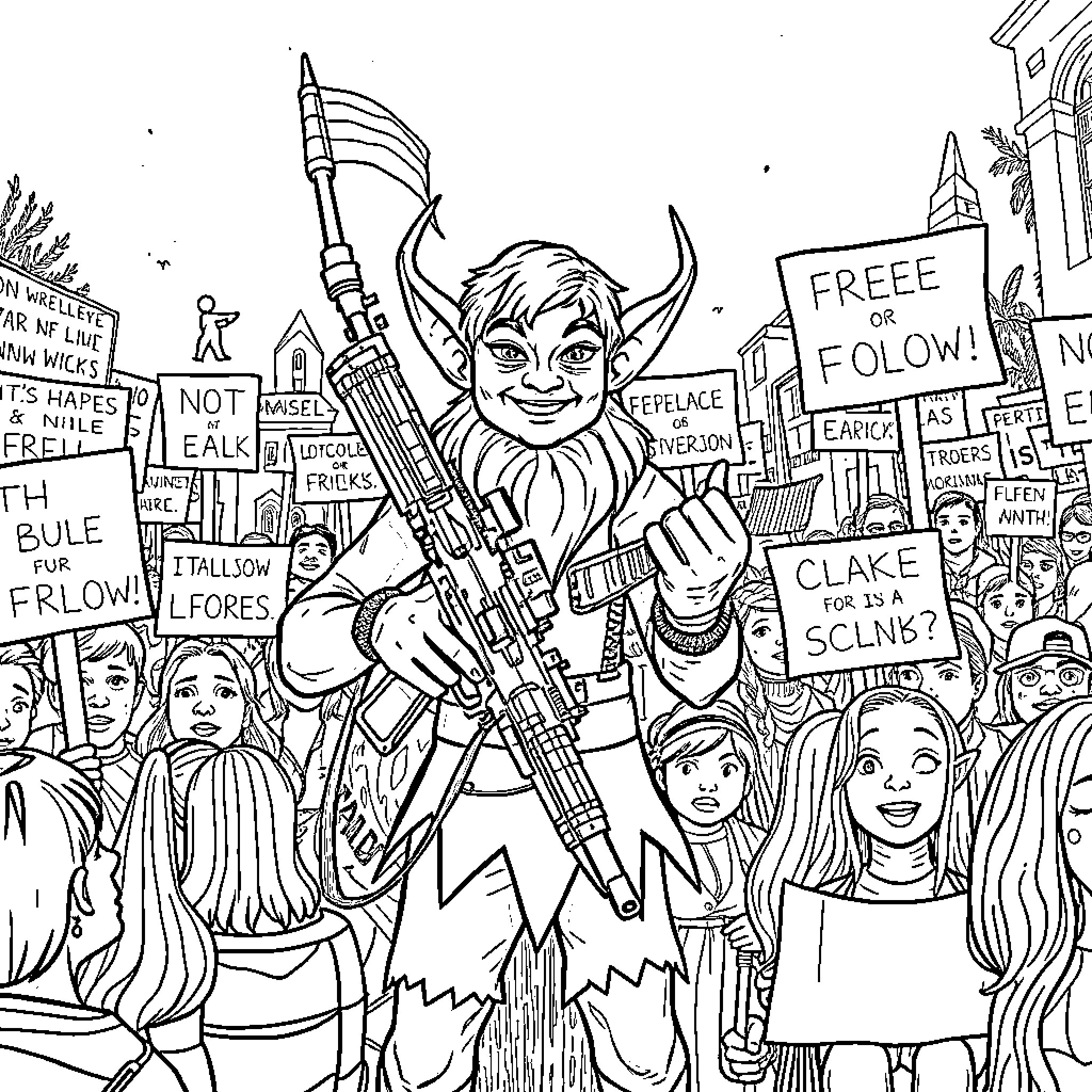 Elf leading a protest rally with signs Coloring Page (free black-and-white line drawing printable PDF for all, from beginners to advanced learners, including children, teens, adults, and seniors)