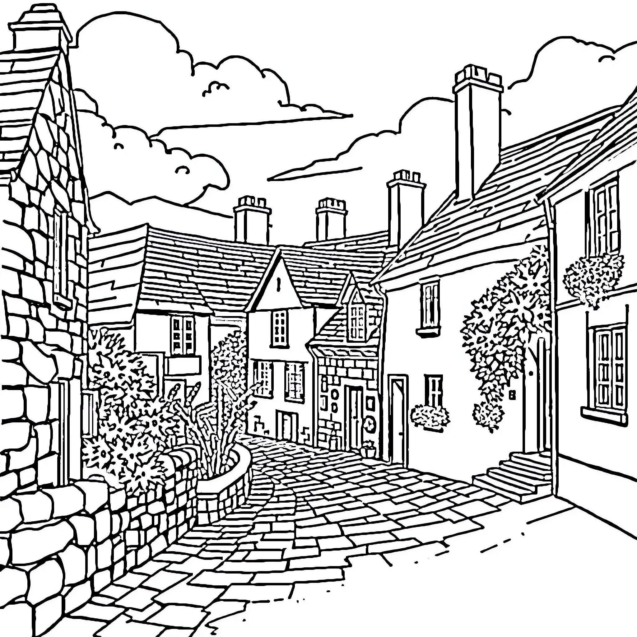Village Street with Traditional Houses and Cobblestone Path Coloring Page (free black-and-white line drawing printable PDF for all, from beginners to advanced learners, including children, teens, adults, and seniors)