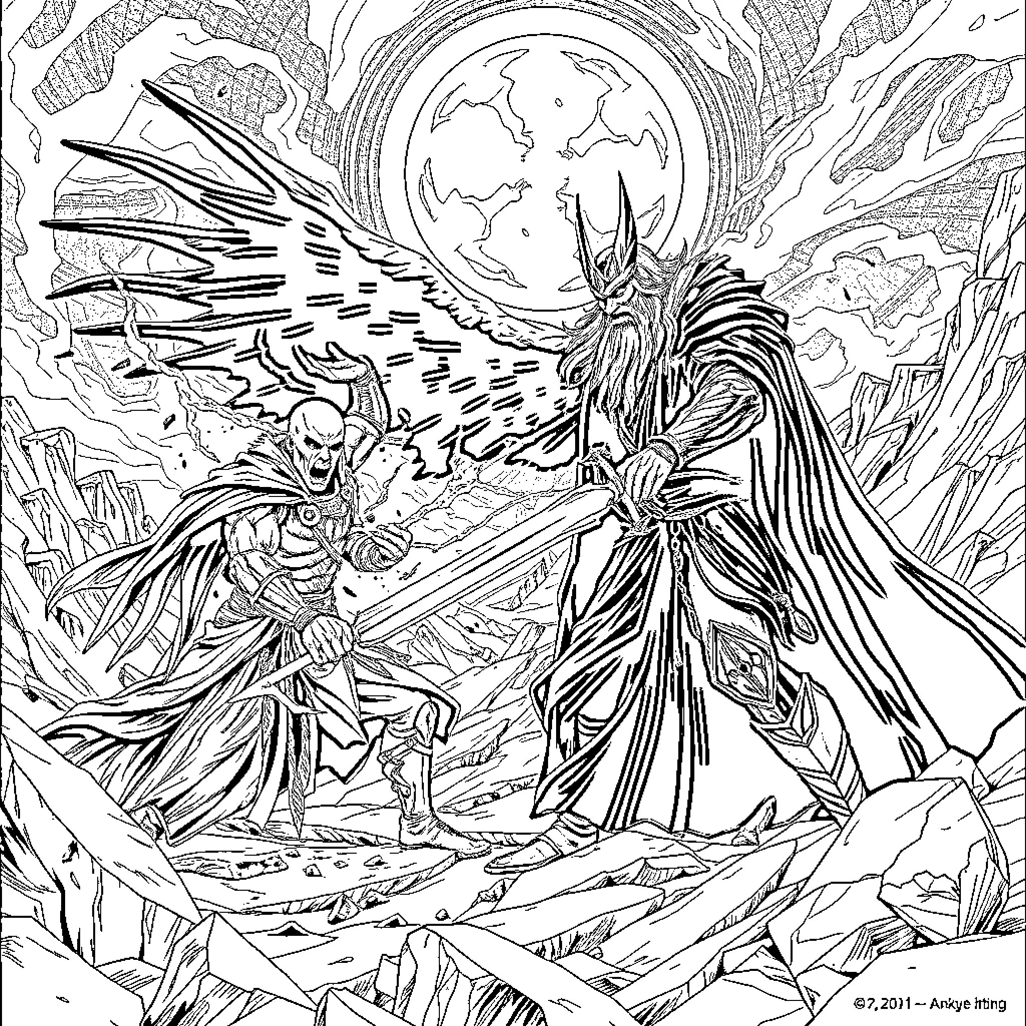 Sauron's Ominous Confrontation with a Valiant Hero Coloring Page (free black-and-white line drawing printable PDF for all, from beginners to advanced learners, including children, teens, adults, and seniors)