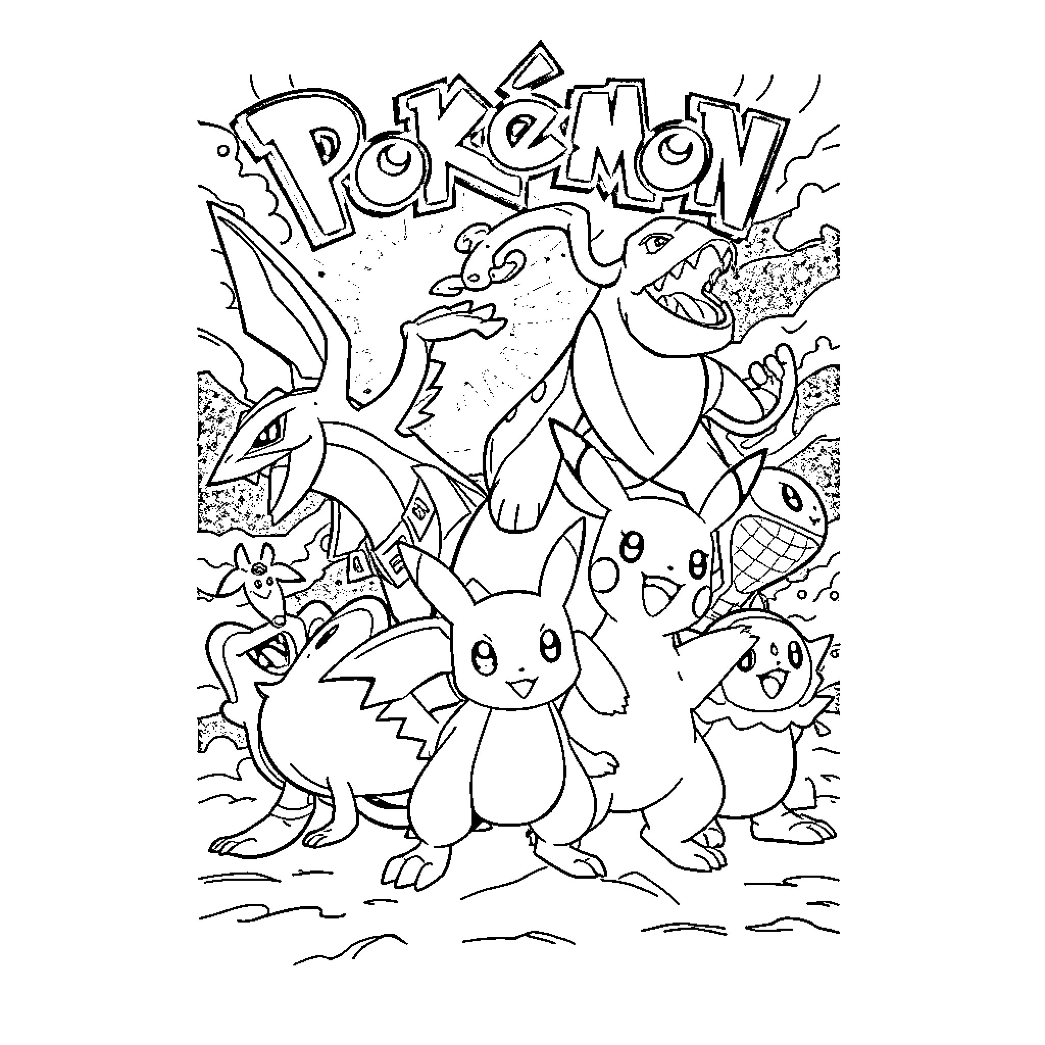 Pokémon characters playing and exploring a natural setting Coloring Page (free black-and-white line drawing printable PDF for all, from beginners to advanced learners, including children, teens, adults, and seniors)