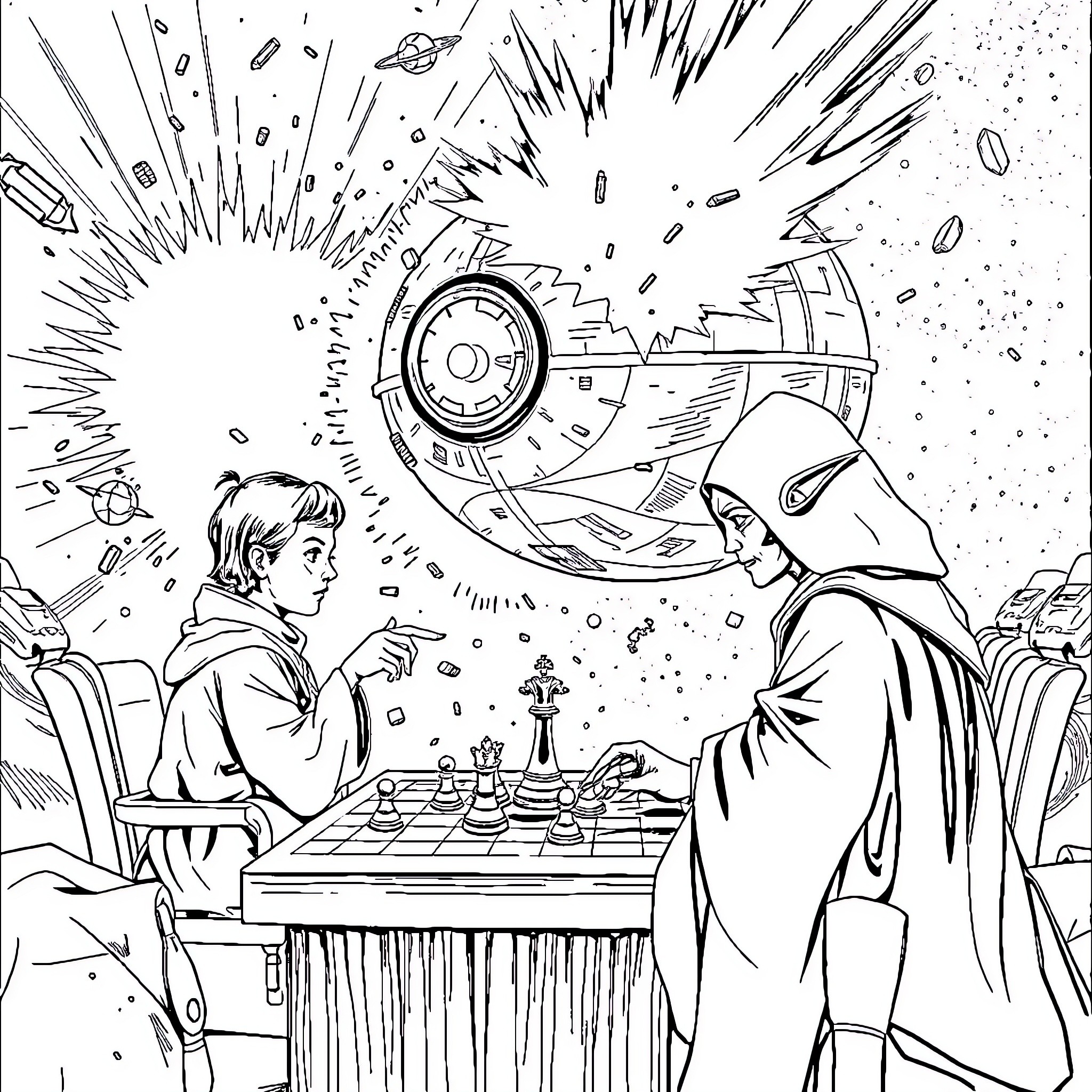 Chess game in space with dramatic backdrop Coloring Page (free black-and-white line drawing printable PDF for all, from beginners to advanced learners, including children, teens, adults, and seniors)