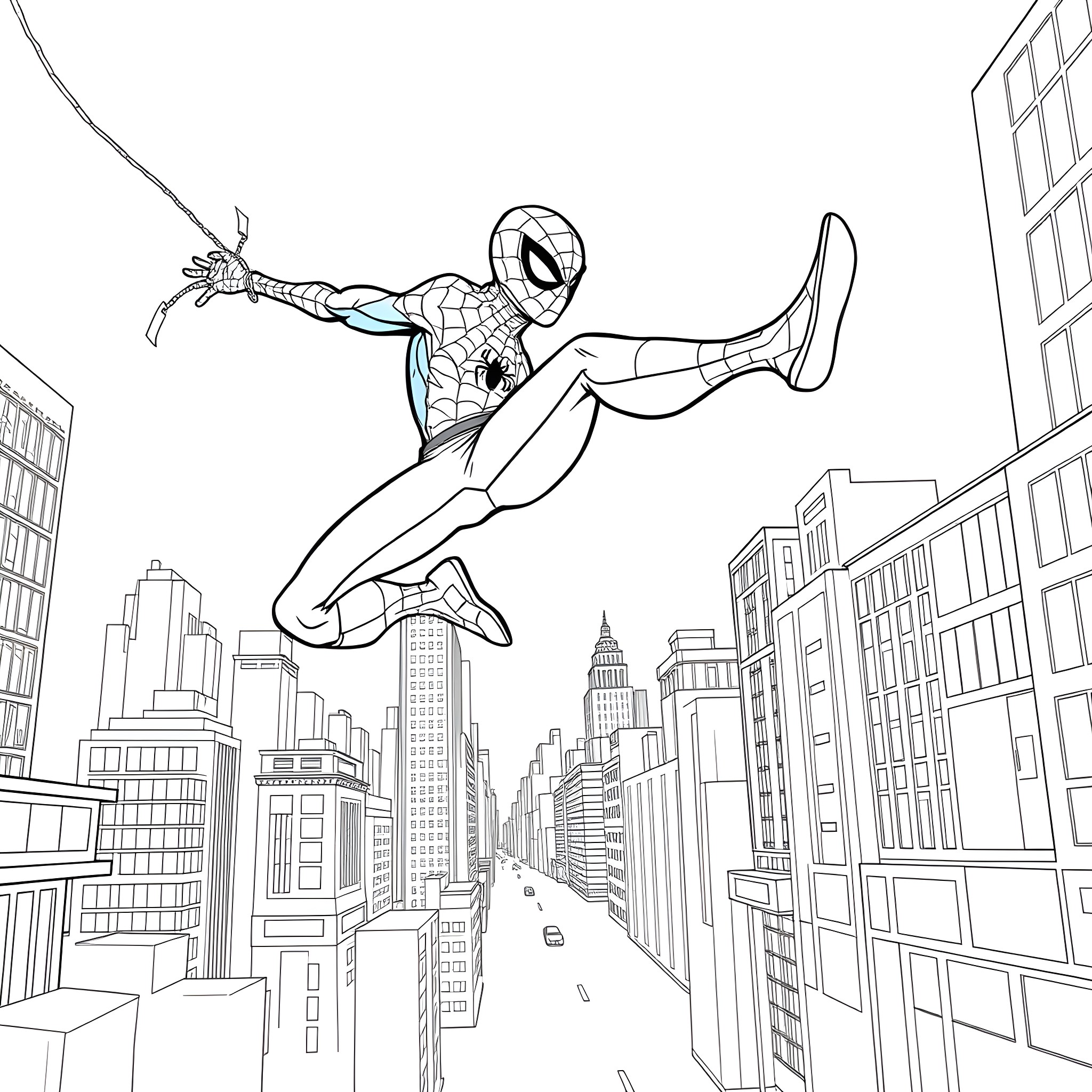 Spider-Man swinging through the city skyline Coloring Page (free black-and-white line drawing printable PDF for all, from beginners to advanced learners, including children, teens, adults, and seniors)