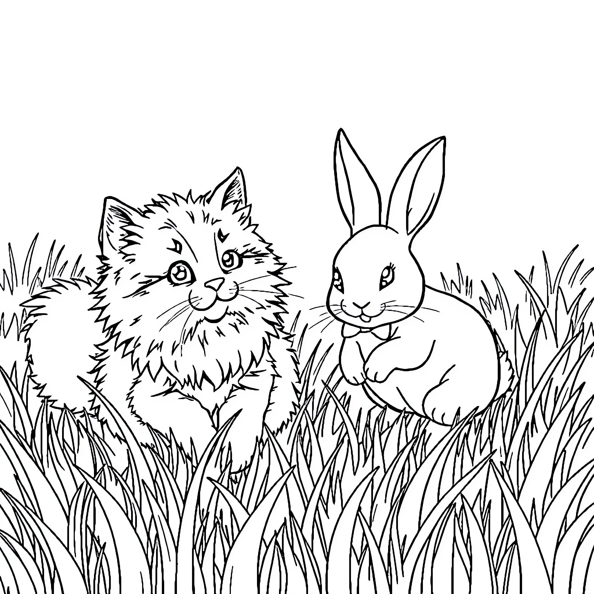 Cat and Rabbit in Grassy Field Coloring Page (free black-and-white line drawing printable PDF for all, from beginners to advanced learners, including children, teens, adults, and seniors)