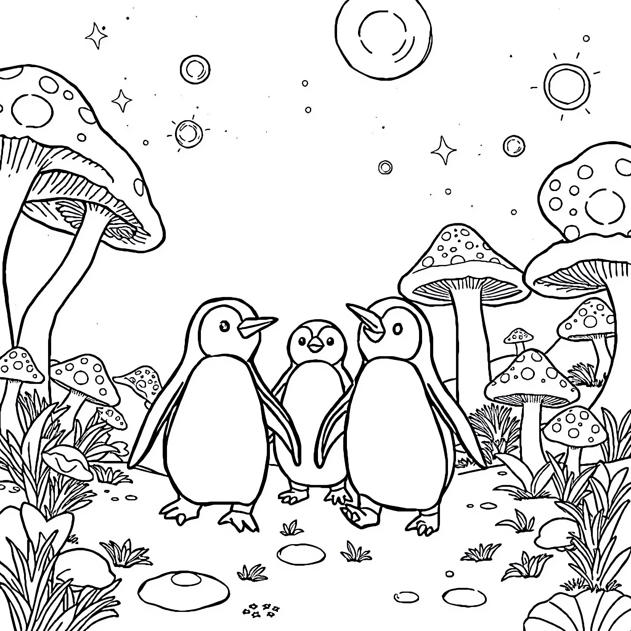 Penguins among whimsical mushrooms and nature Coloring Page (free black-and-white line drawing printable PDF for all, from beginners to advanced learners, including children, teens, adults, and seniors)