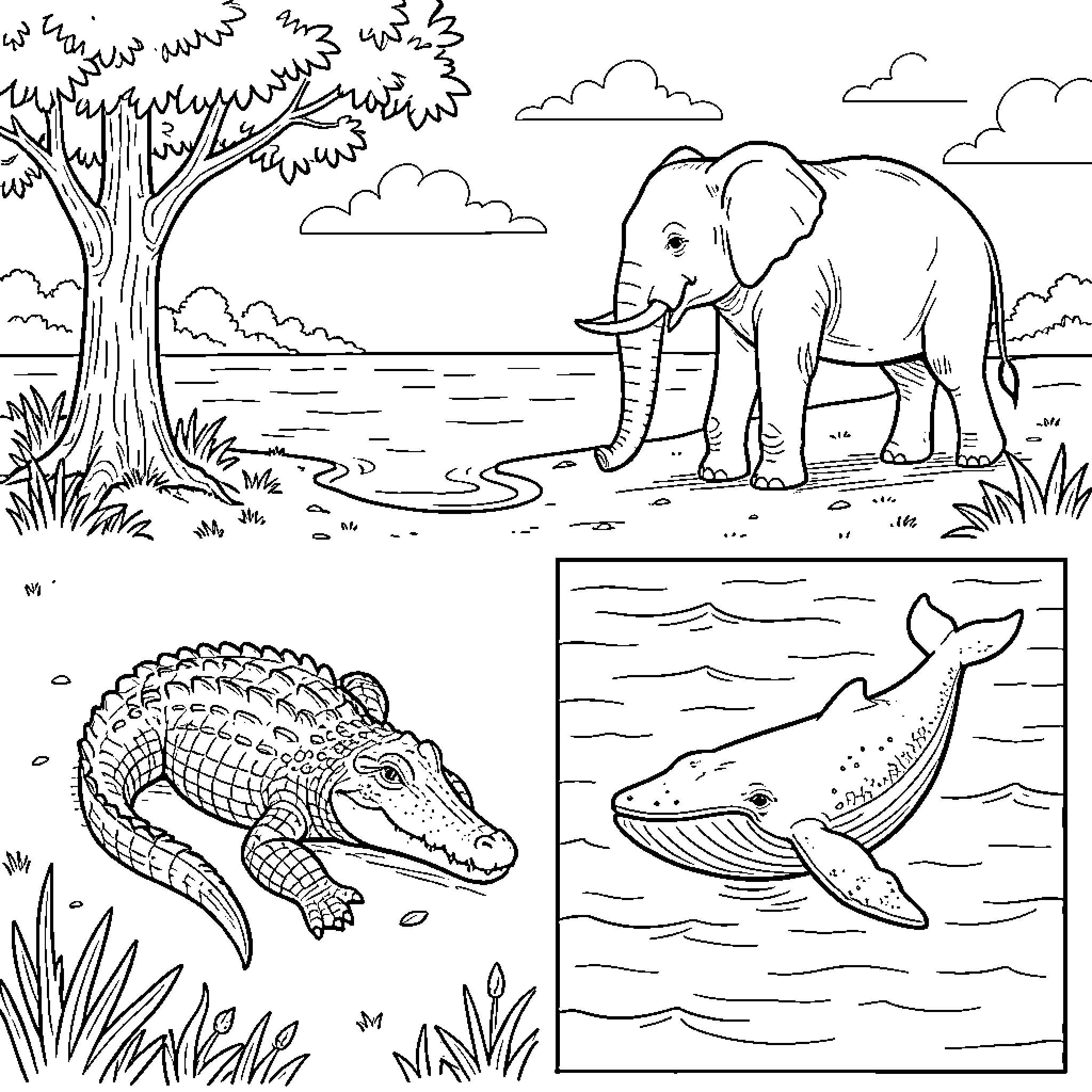 Crocodile resting near a whale in a natural habitat Coloring Page (free black-and-white line drawing printable PDF for all, from beginners to advanced learners, including children, teens, adults, and seniors)