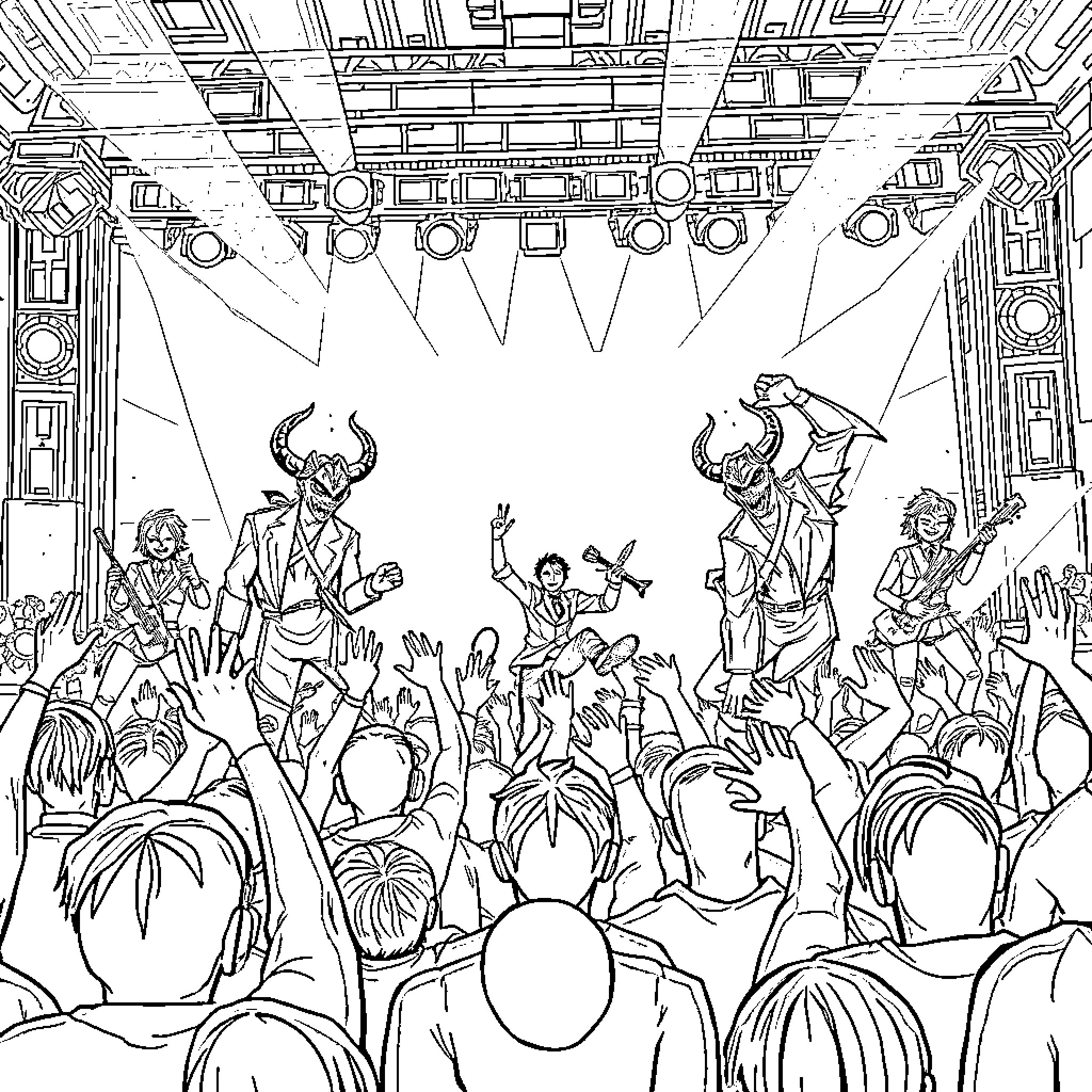 Demon Hunter's Wild Performance on Stage Coloring Page (free black-and-white line drawing printable PDF for all, from beginners to advanced learners, including children, teens, adults, and seniors)