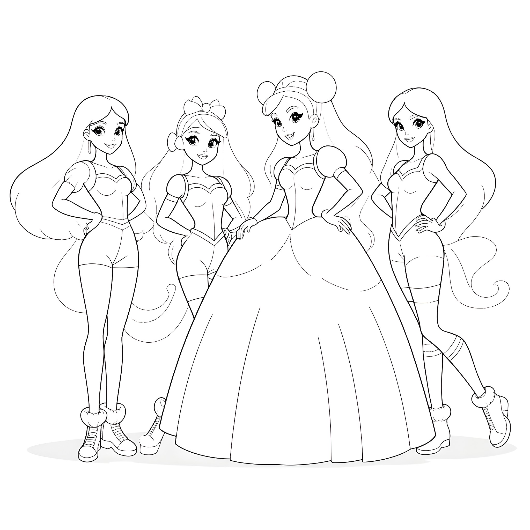 Princess and Friends in Elegant Dresses Coloring Page (free black-and-white line drawing printable PDF for all, from beginners to advanced learners, including children, teens, adults, and seniors)