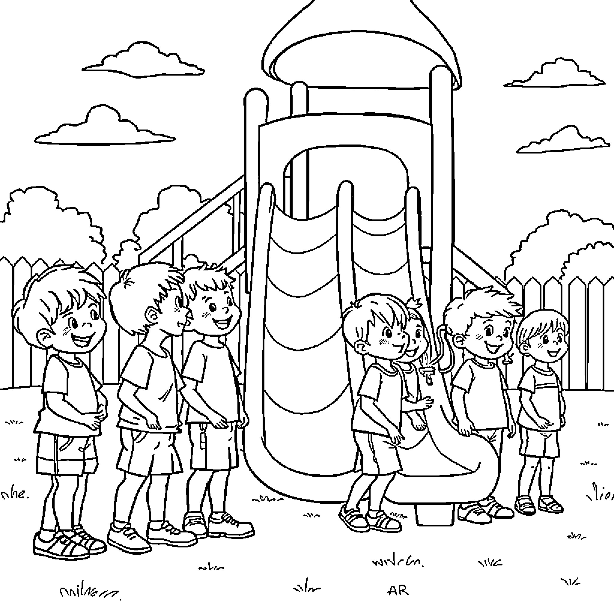Kid Playing on Playground Equipment with Friends Coloring Page (free black-and-white line drawing printable PDF for all, from beginners to advanced learners, including children, teens, adults, and seniors)