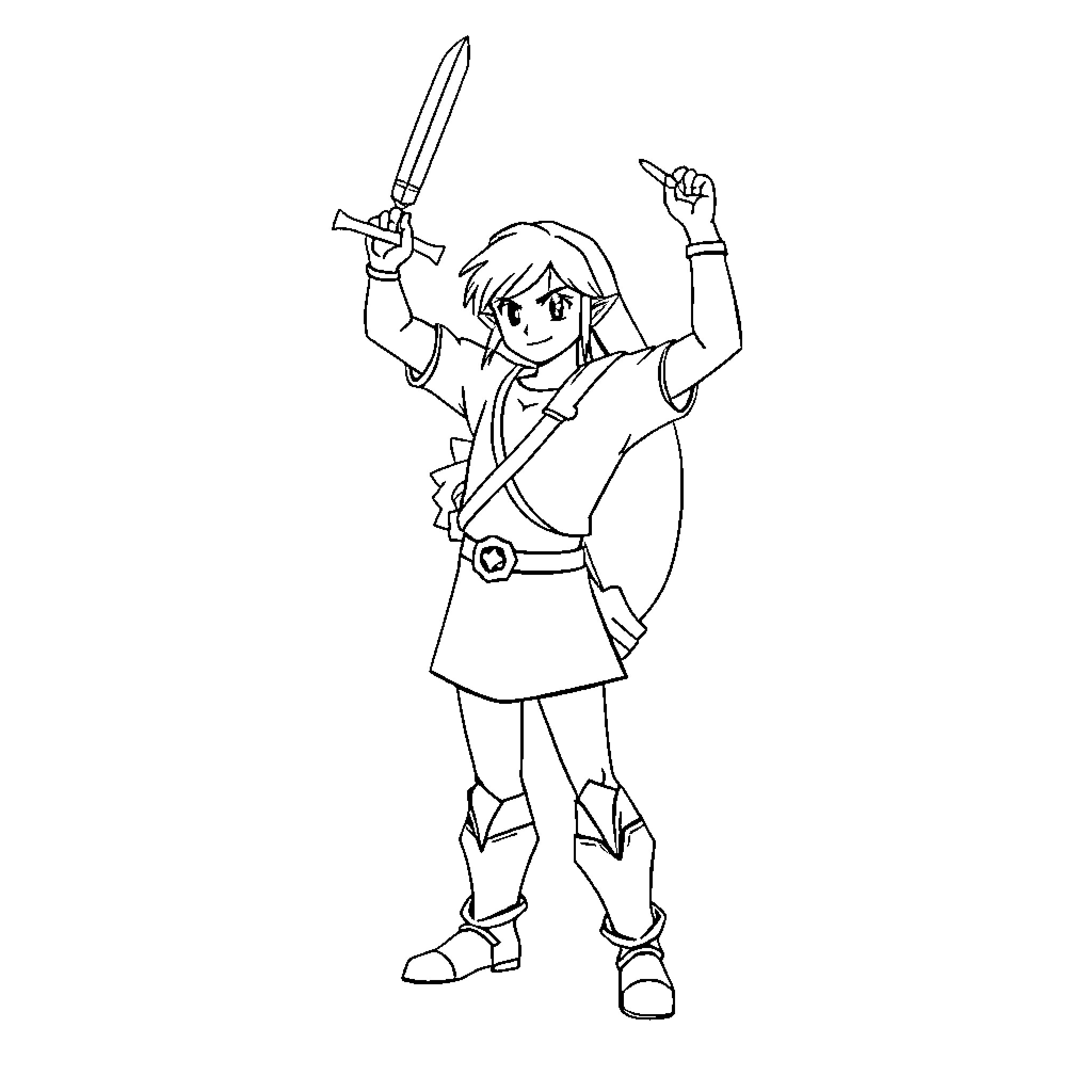 Link wielding sword with heroic pose Coloring Page (free black-and-white line drawing printable PDF for all, from beginners to advanced learners, including children, teens, adults, and seniors)