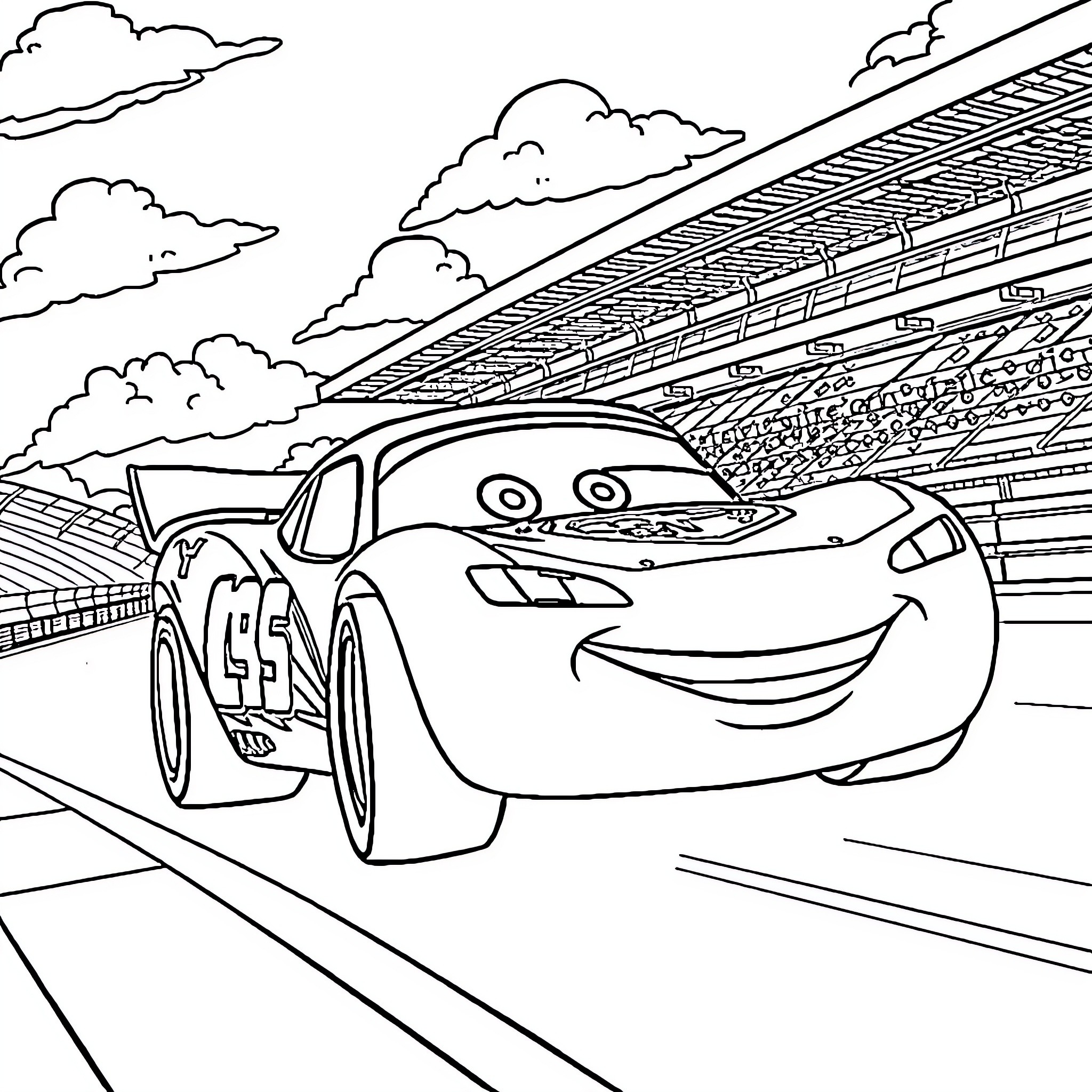 Lightning McQueen racing on the track Coloring Page (free black-and-white line drawing printable PDF for all, from beginners to advanced learners, including children, teens, adults, and seniors)