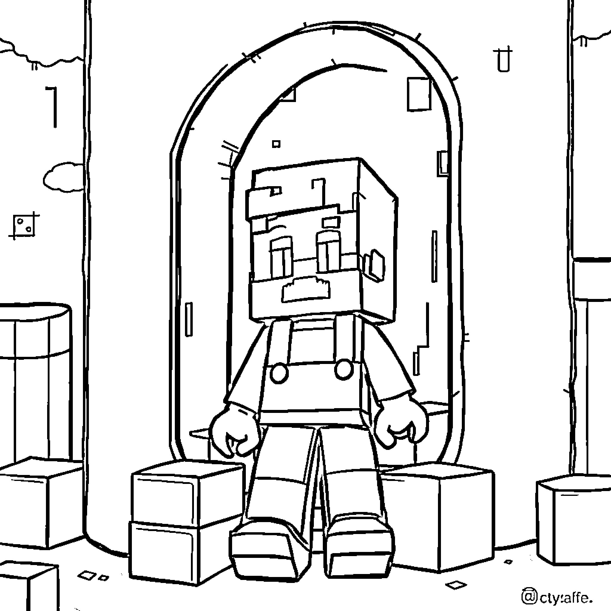 Steve stands tall in an abstract digital world Coloring Page (free black-and-white line drawing printable PDF for all, from beginners to advanced learners, including children, teens, adults, and seniors)