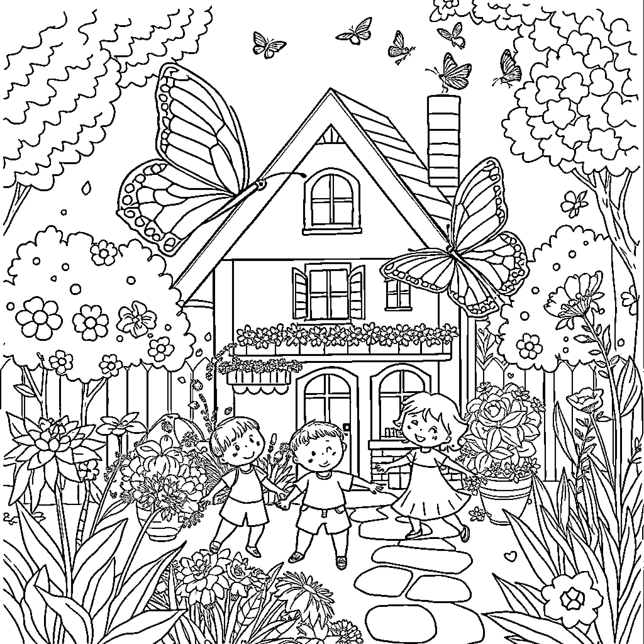 Butterfly House with Children Playing in the Garden Coloring Page (free black-and-white line drawing printable PDF for all, from beginners to advanced learners, including children, teens, adults, and seniors)