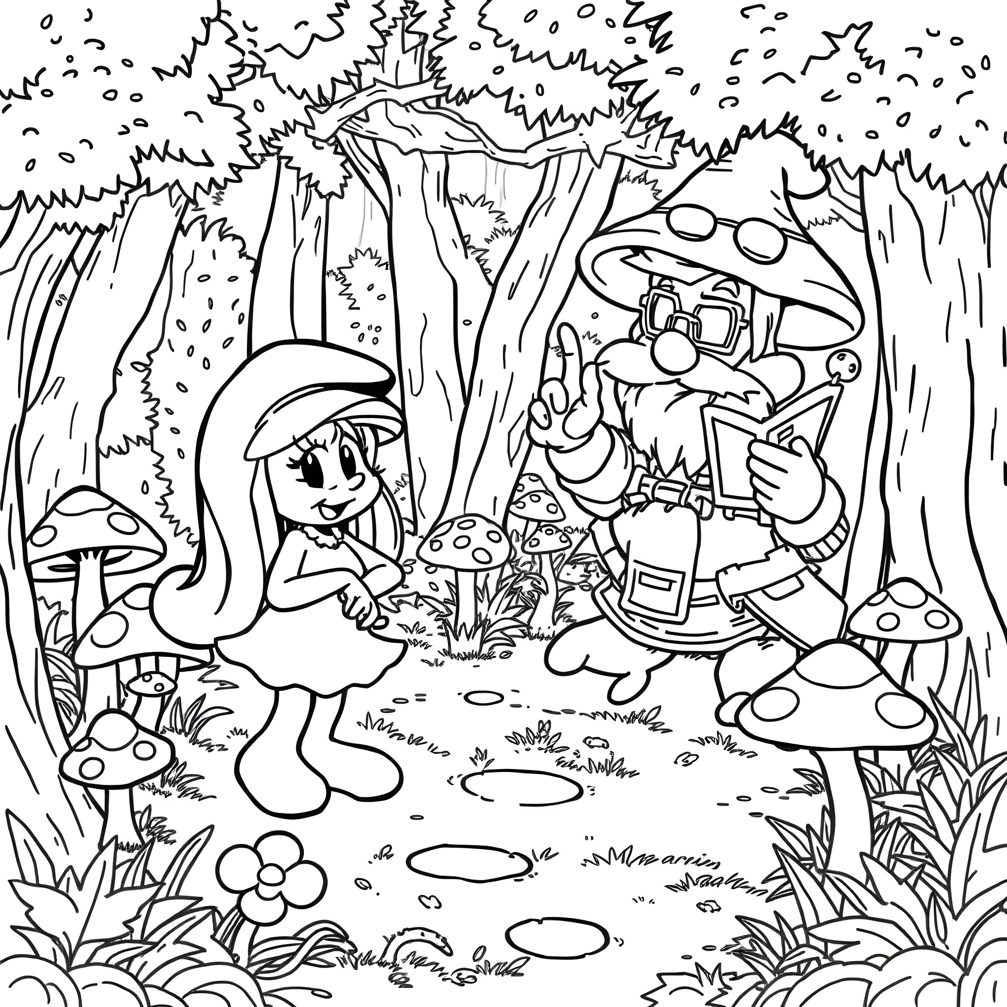 Smurfette exploring the magical forest with her friends Coloring Page (free black-and-white line drawing printable PDF for all, from beginners to advanced learners, including children, teens, adults, and seniors)