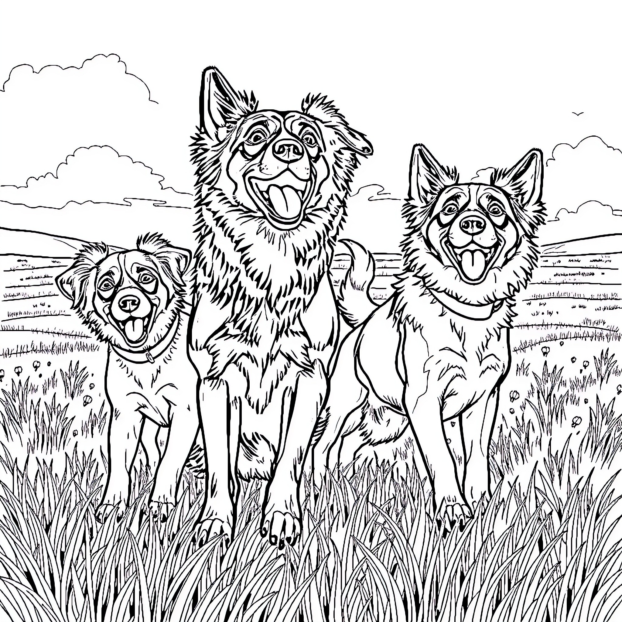 Dogs Playing Happily in the Meadow Coloring Page (free black-and-white line drawing printable PDF for all, from beginners to advanced learners, including children, teens, adults, and seniors)