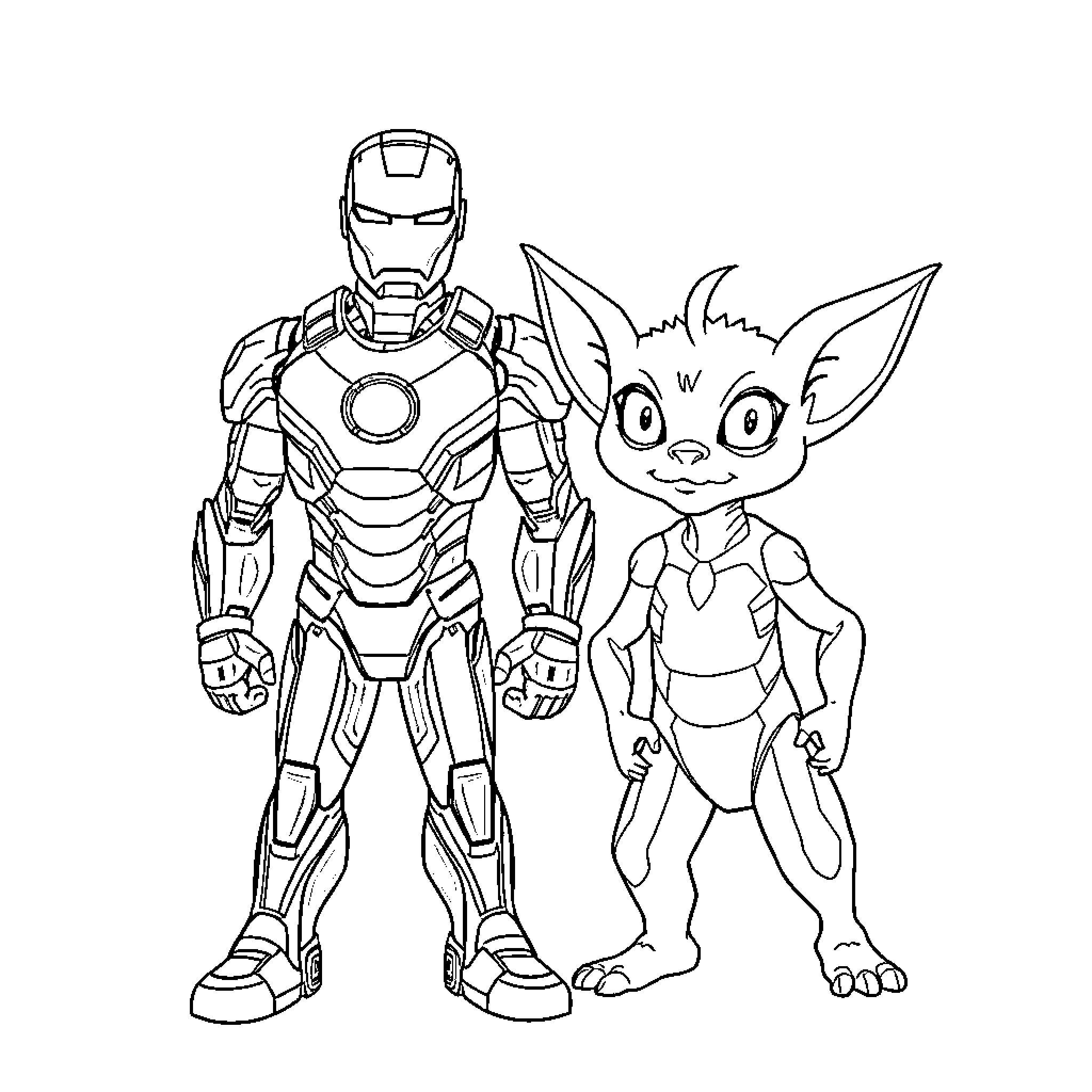 Ironman and Creature Allies Depicted in Illustration Coloring Page (free black-and-white line drawing printable PDF for all, from beginners to advanced learners, including children, teens, adults, and seniors)