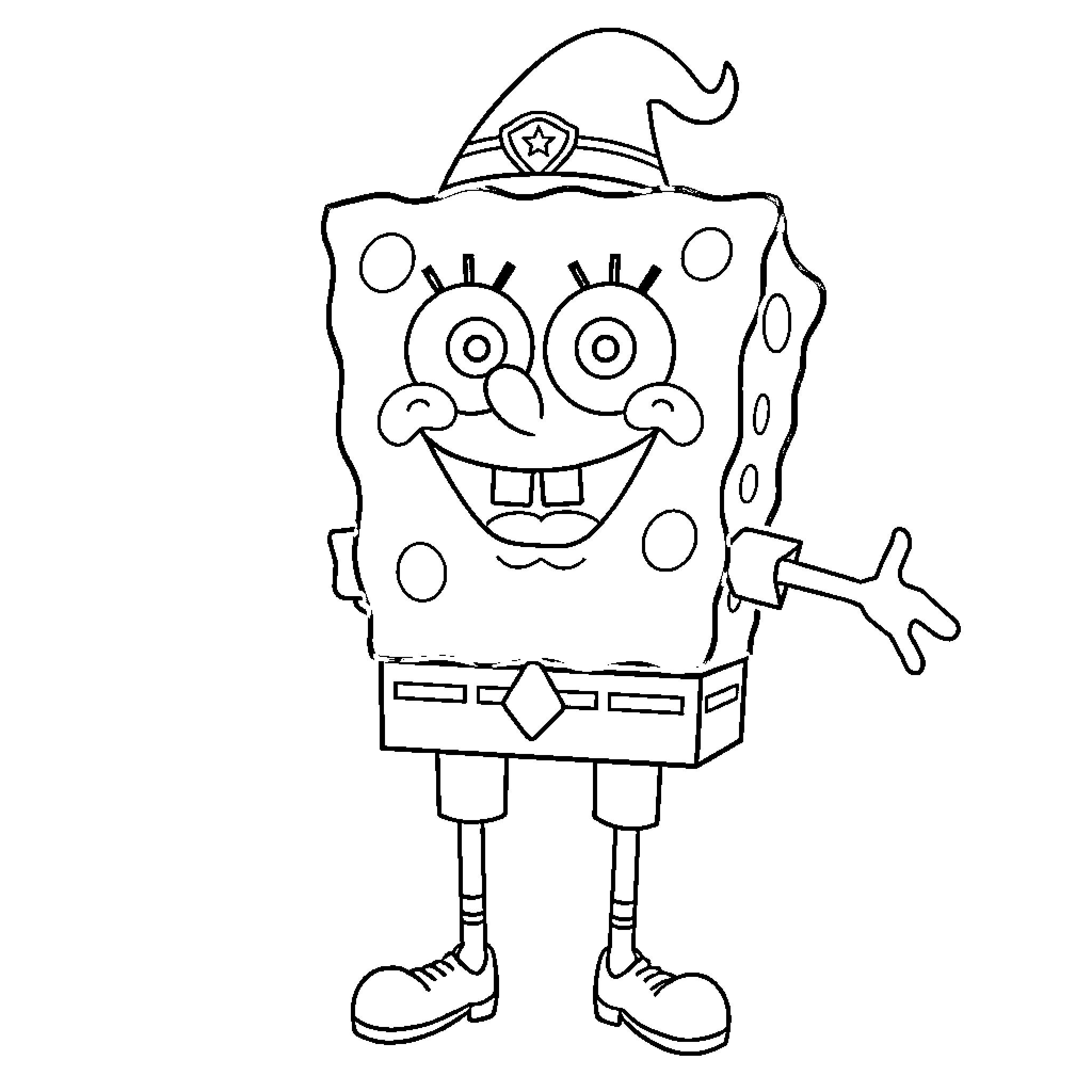 Spongebob in a police officer uniform Coloring Page (free black-and-white line drawing printable PDF for all, from beginners to advanced learners, including children, teens, adults, and seniors)