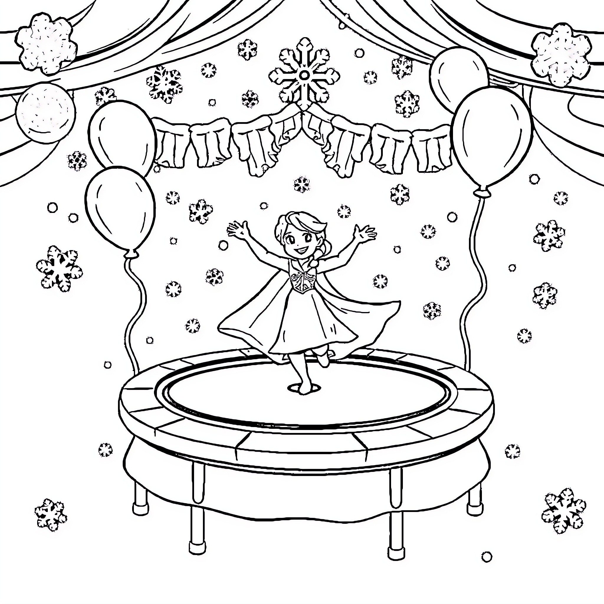 Disney Frozen character dancing on trampoline with balloons Coloring Page (free black-and-white line drawing printable PDF for all, from beginners to advanced learners, including children, teens, adults, and seniors)