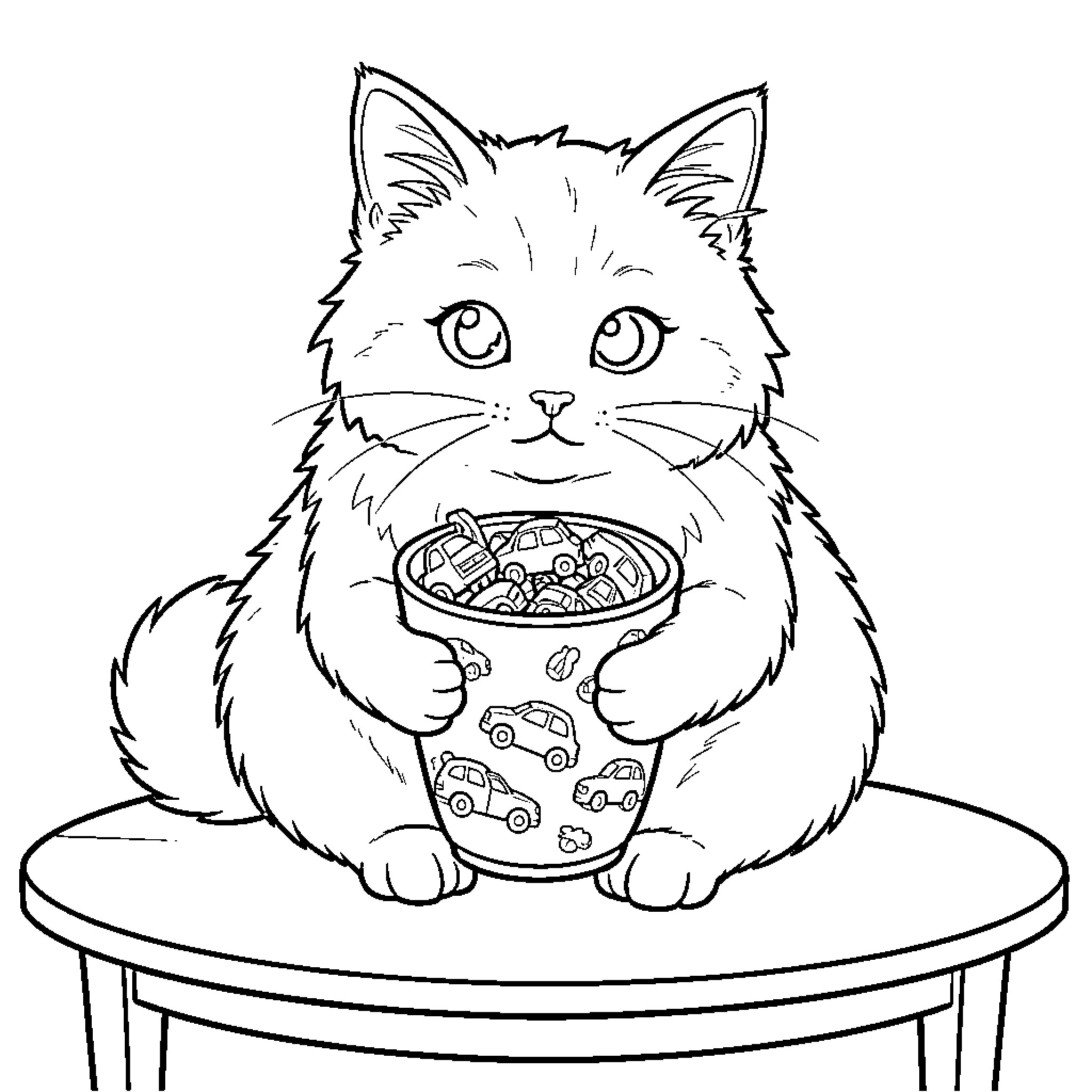 Cat enjoying a bowl of toy cars Coloring Page (free black-and-white line drawing printable PDF for all, from beginners to advanced learners, including children, teens, adults, and seniors)