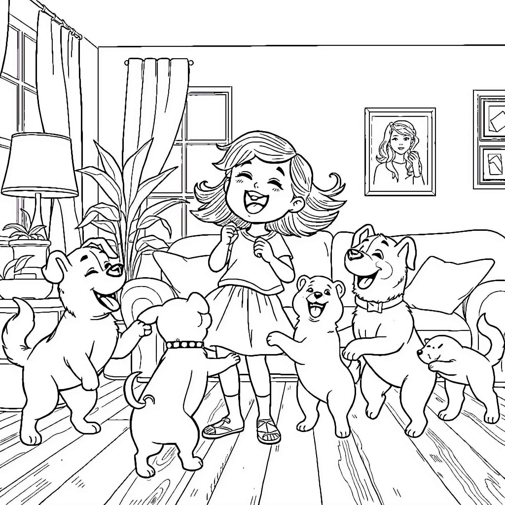 Girl playing happily with her pet dogs at home Coloring Page (free black-and-white line drawing printable PDF for all, from beginners to advanced learners, including children, teens, adults, and seniors)