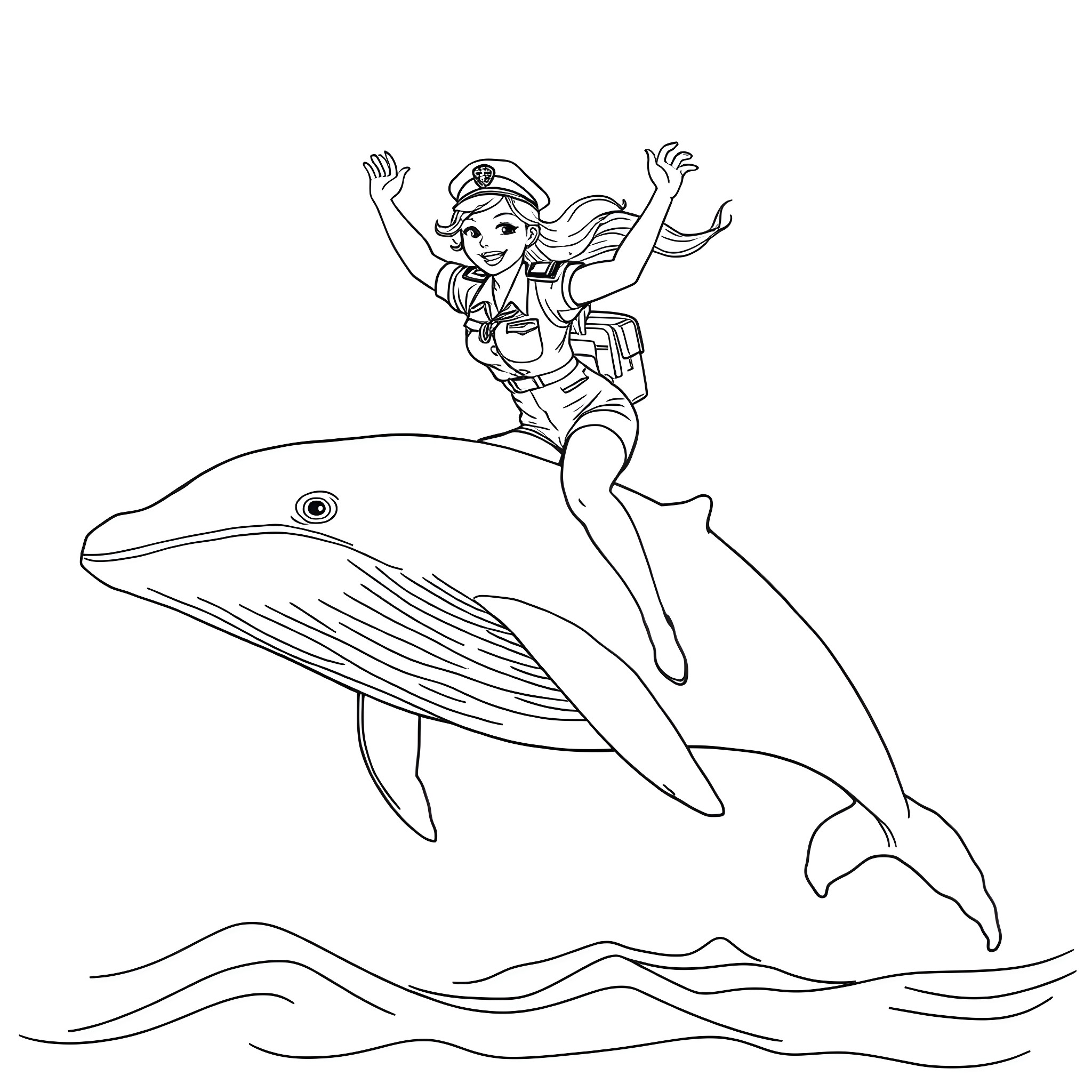 Woman surfing on a whale in the ocean Coloring Page (free black-and-white line drawing printable PDF for all, from beginners to advanced learners, including children, teens, adults, and seniors)