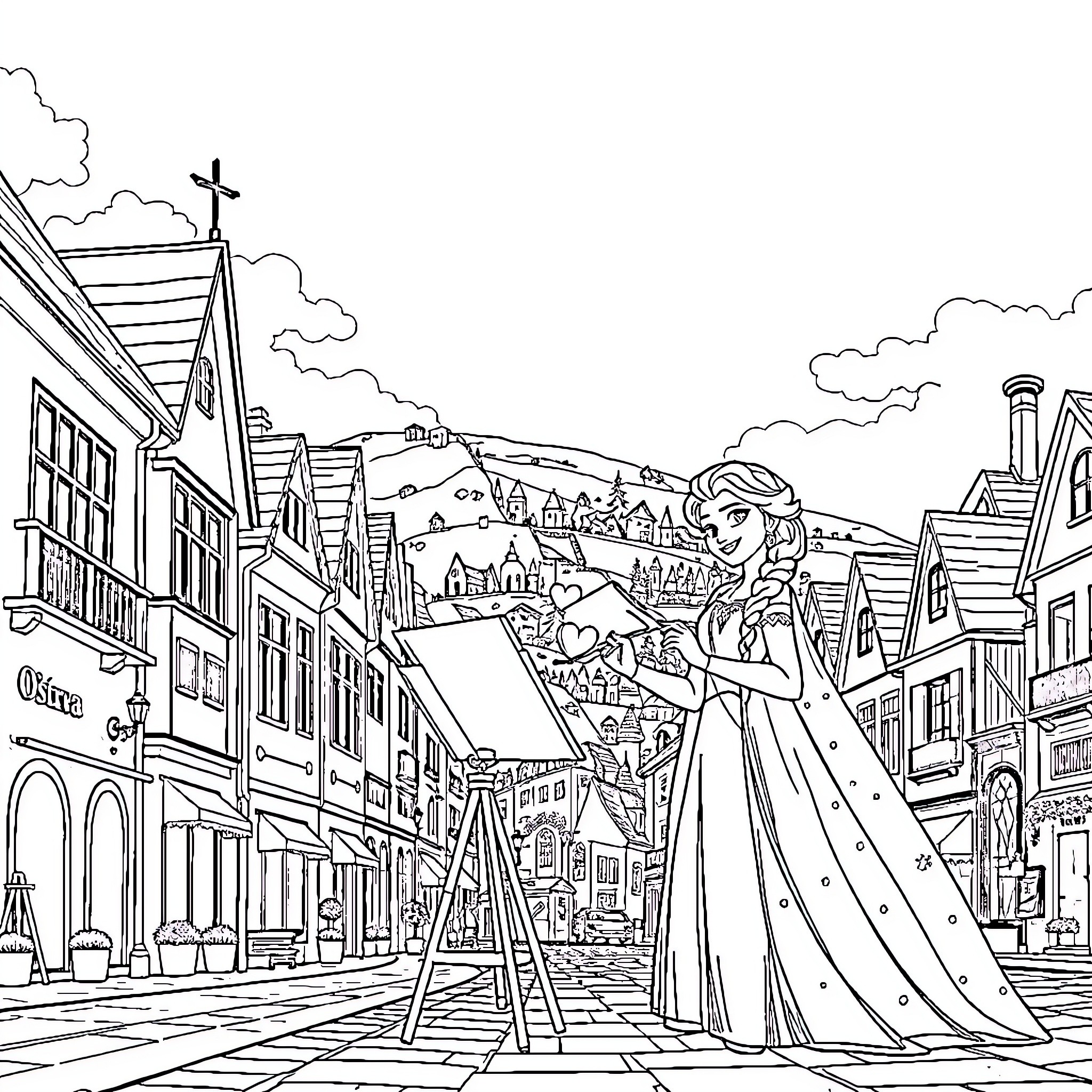 Princess Painting the Enchanting Town Scene Coloring Page (free black-and-white line drawing printable PDF for all, from beginners to advanced learners, including children, teens, adults, and seniors)