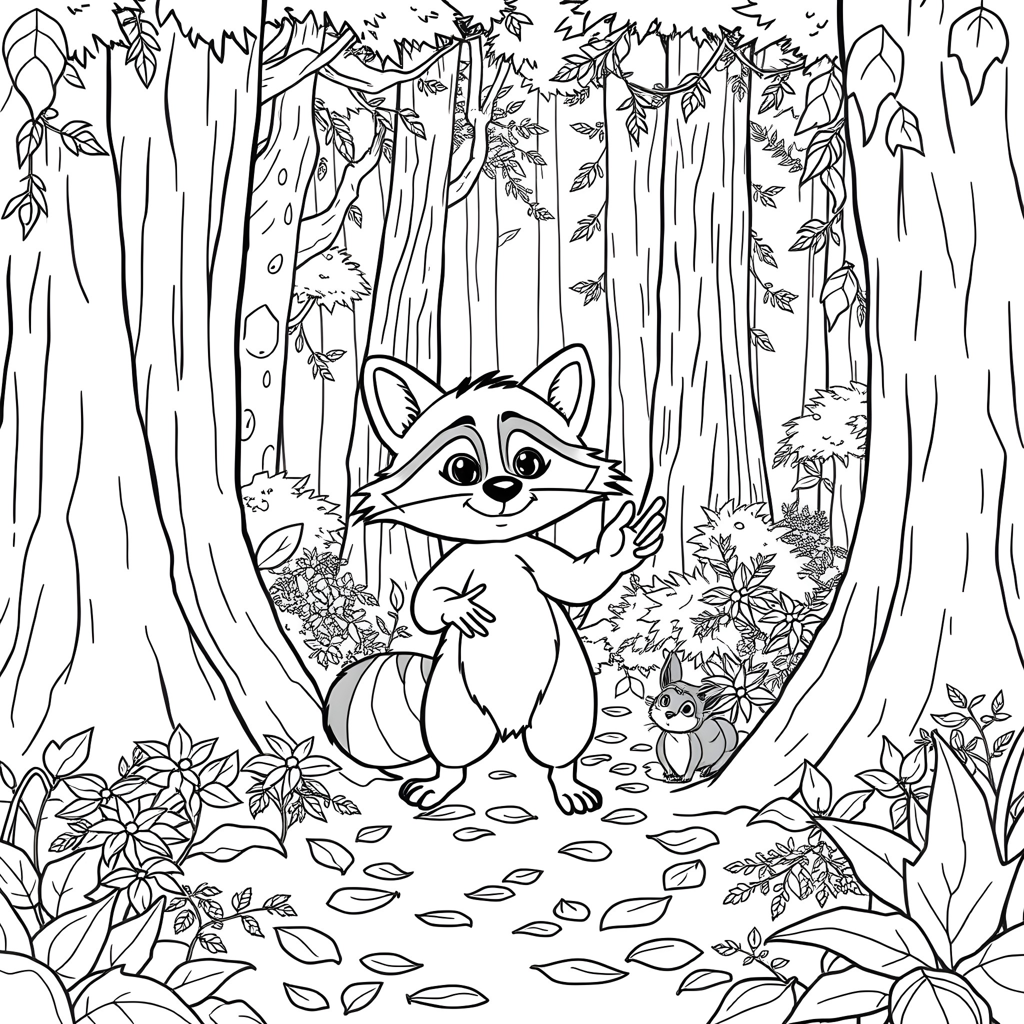 Meeko the Raccoon in the Enchanted Forest Coloring Page (free black-and-white line drawing printable PDF for all, from beginners to advanced learners, including children, teens, adults, and seniors)