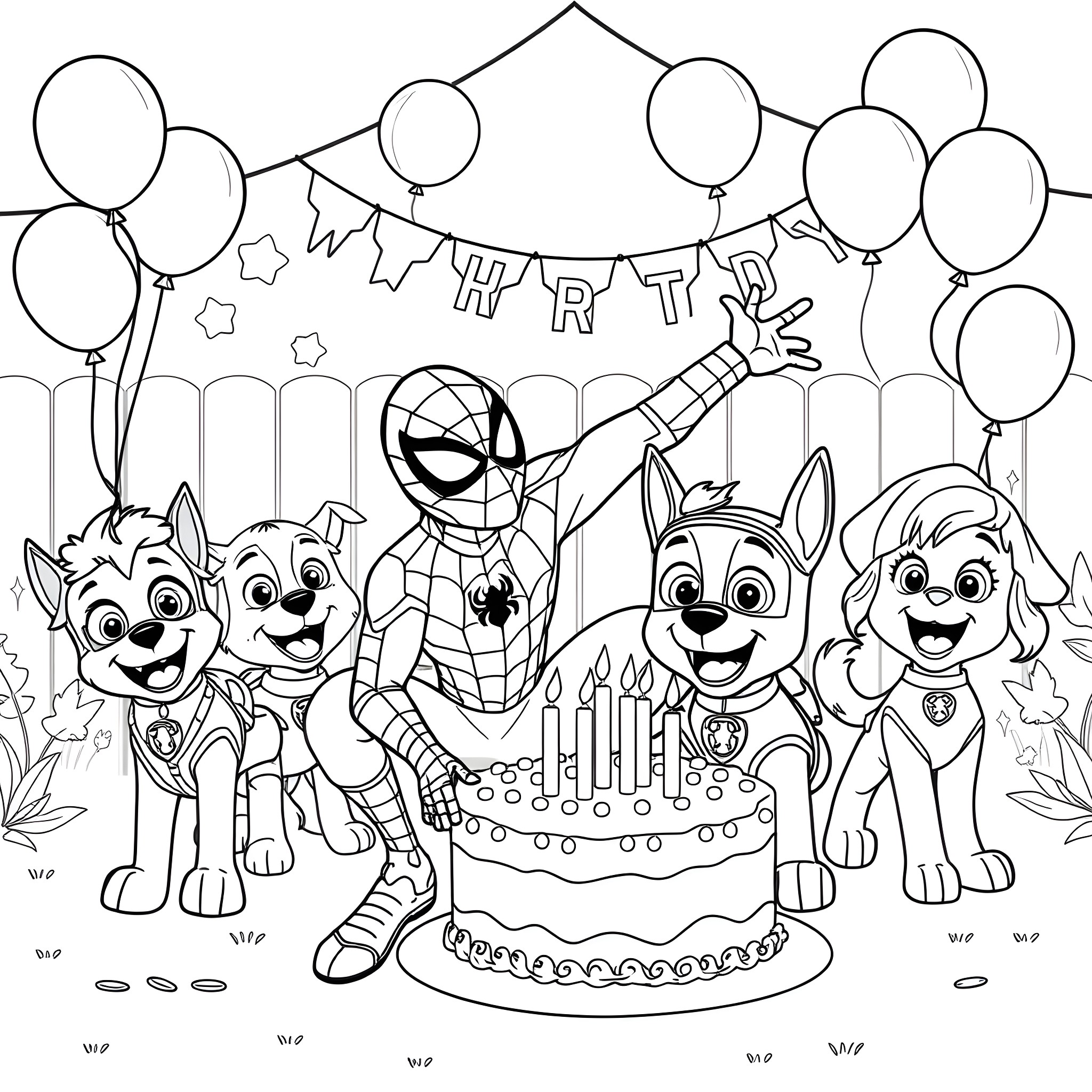 Spiderman celebrating a birthday party with Paw Patrol friends Coloring Page (free black-and-white line drawing printable PDF for all, from beginners to advanced learners, including children, teens, adults, and seniors)